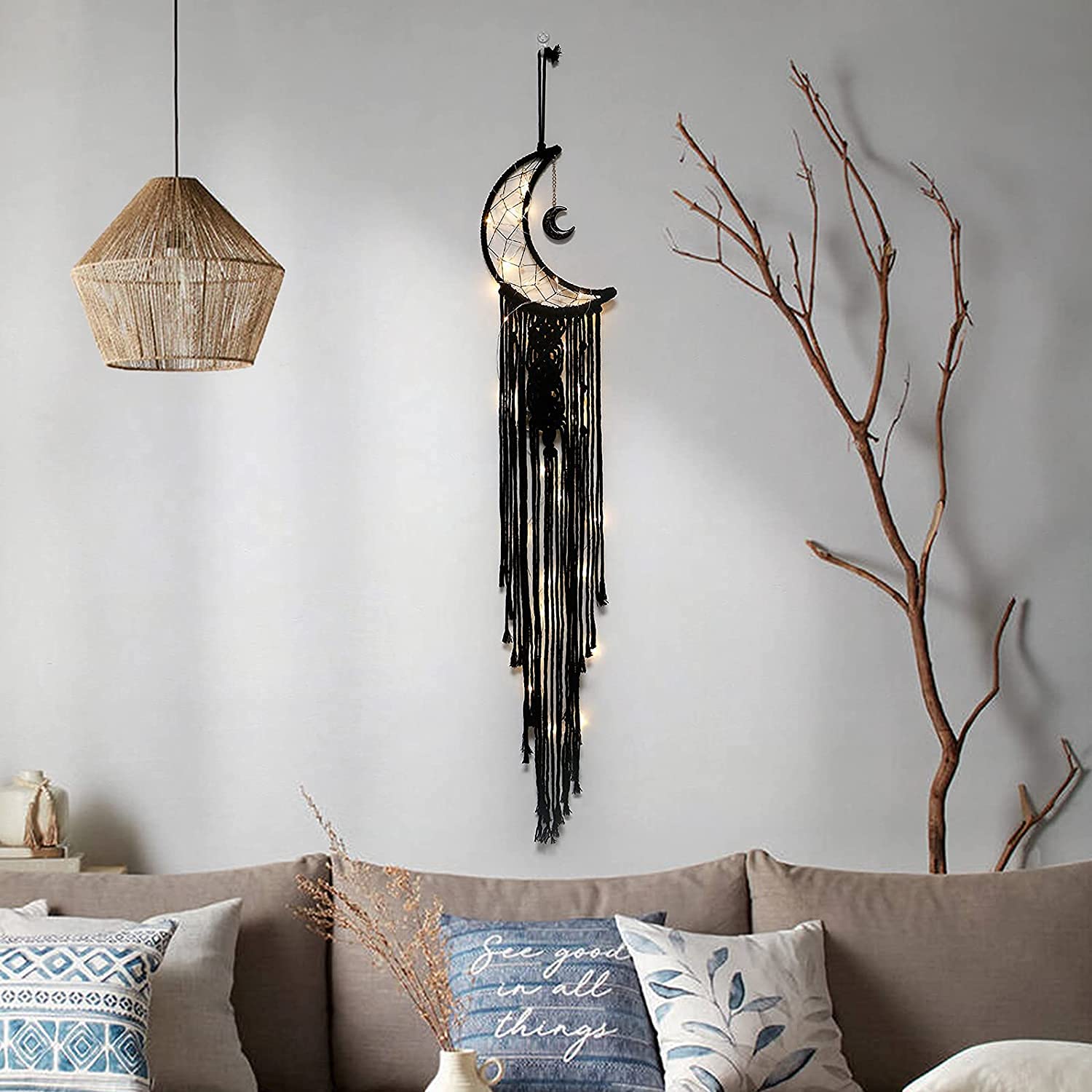 Atrapasueños de luna para dormitorio, colgante de pared bohemio, atrapasueños con cadena de luces, decoración del hogar, regalo de boda, cumpleaños, atrapasueños hecho a mano para amigos (negro)