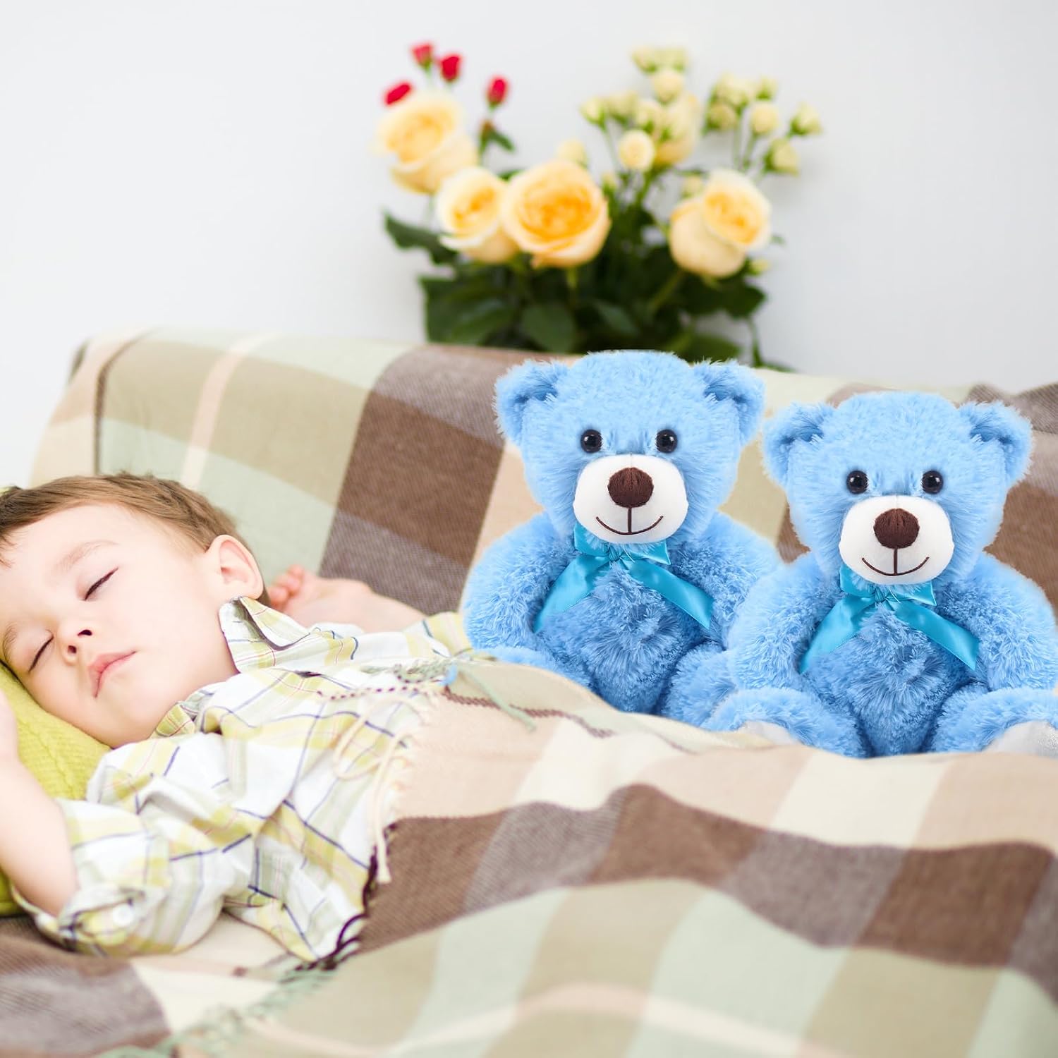 Jenaai 16 Pieces Stuffed Bear with Bow 13.8 Inch Plush Bears for Baby Shower Centerpieces Gender Reveal Party Decoration Soft Party Gift Birthday Gift(Blue)