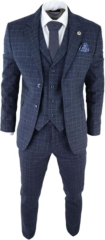 Mens Grey Tweed 3 Piece Suit Blue Check Vintage 1920s Gatsby Blinders Tailored Fit
