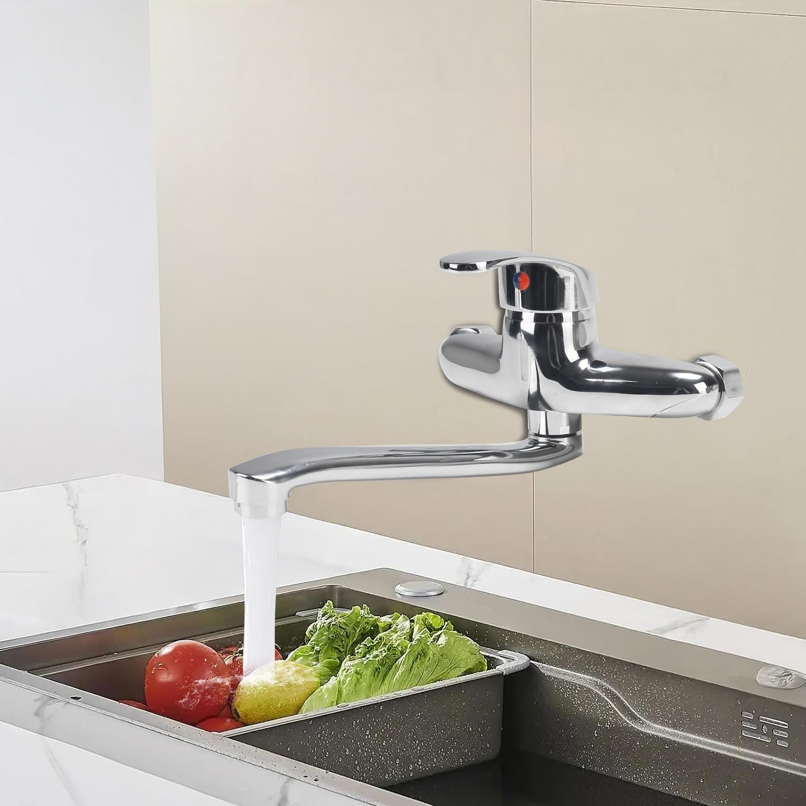 Grifo Cocina Pared Grifos Cocina Fregadero 25CM con Aireador con Cartucho Cerámico Monomando Agua Fría y Caliente Boquilla de Dispensación Orientable a 360° Cromo Plata