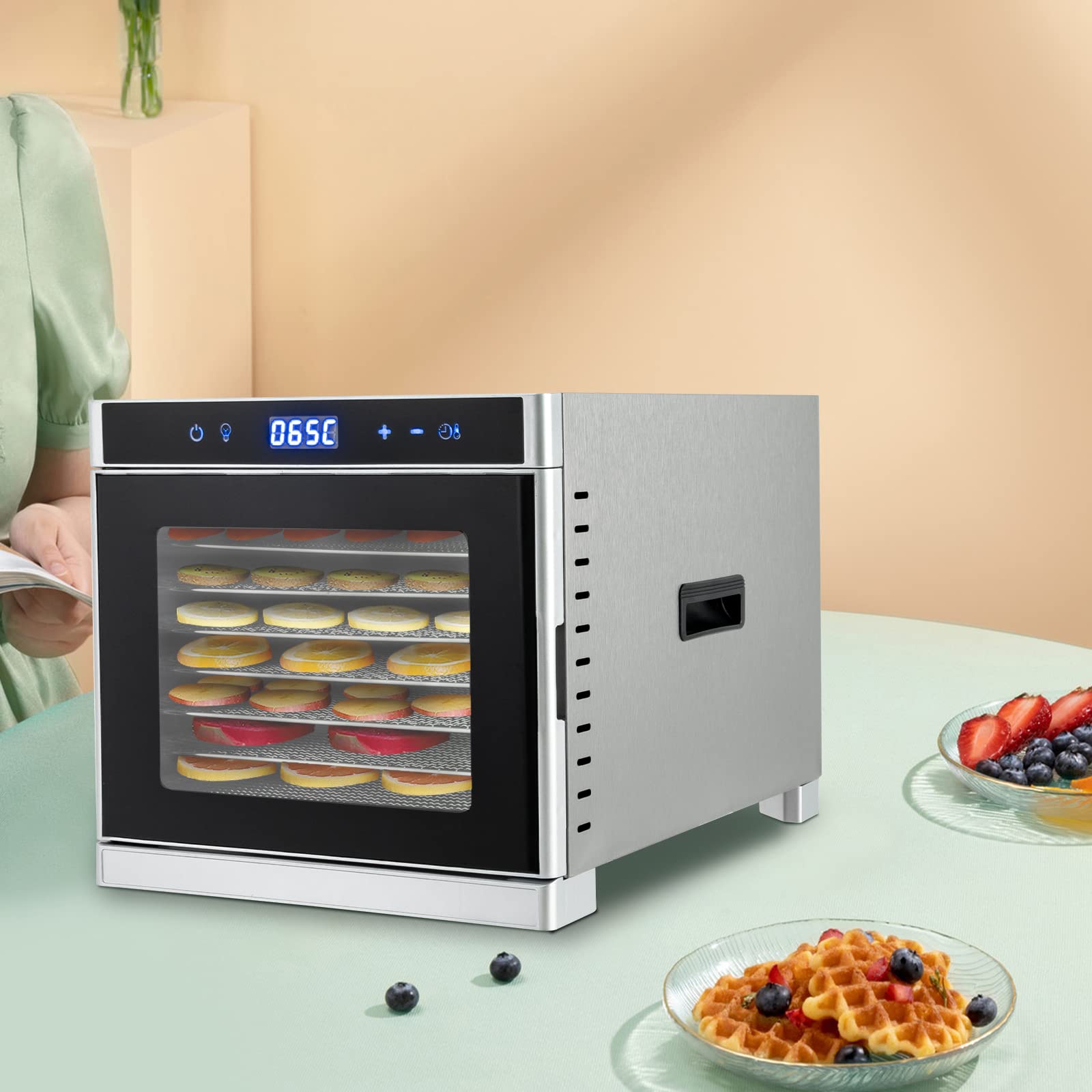 Suszarka ze stali nierdzewnej z regulatorem temperatury (35 – 75 °C) do suszenia owoców, grzybów i mięsa, 700 W z funkcją timera 24H, osuszacz (8 kondygnacji)