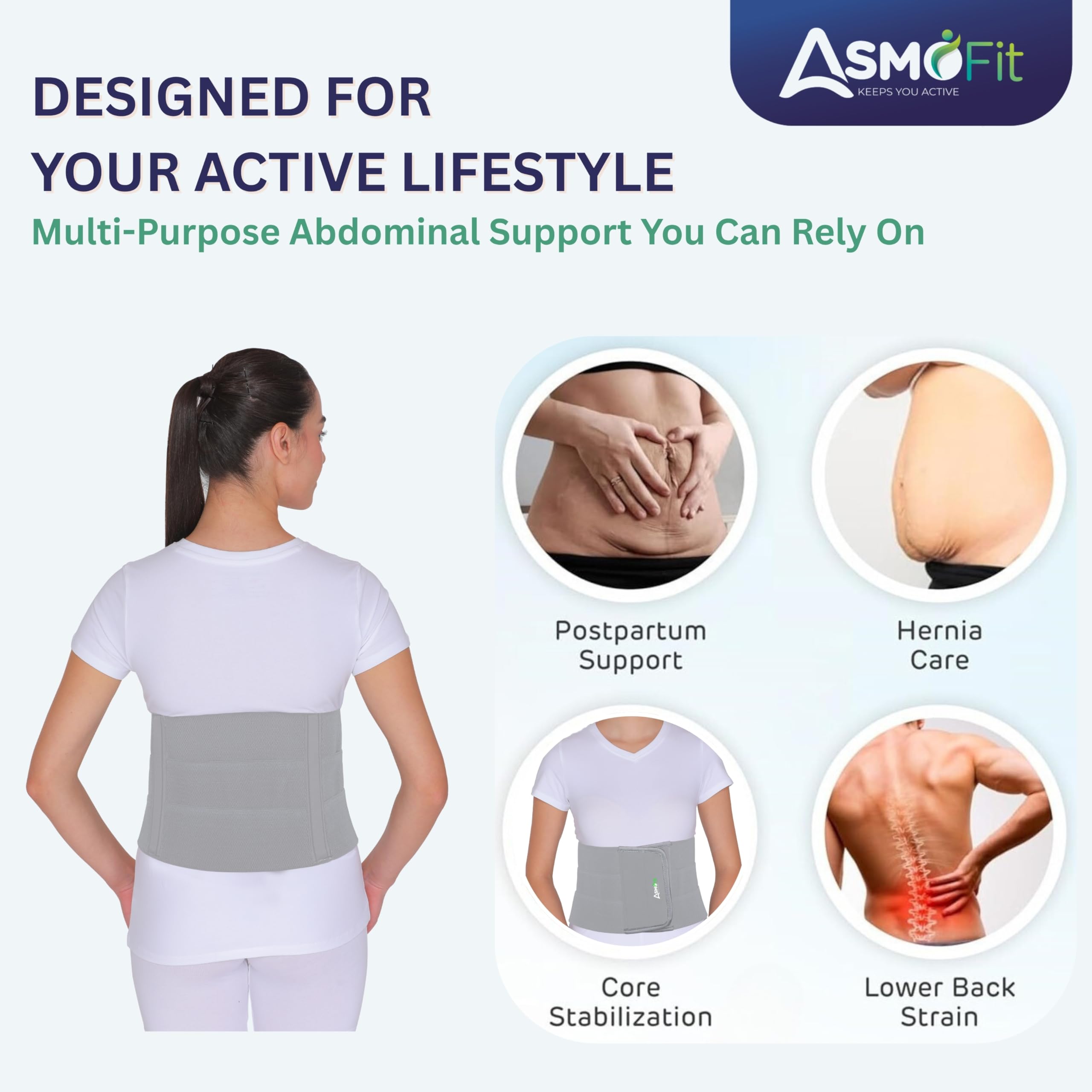 Asmofit Abdominal Belt After Delivery C-Section | Postpartum Belt Ideal for Tummy Reduction After Delivery | Belly Support Belt for Men & Women (Universal 28-44 Inch) - Grey - Image 2 thumbnail