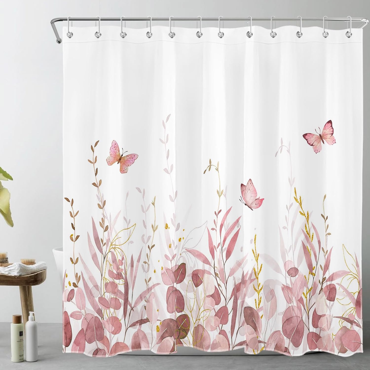 HVEST Eucalyptus Leaf Shower Curtain, Pink and Gold Leaves and Butterflies Shower Curtain with Hooks, Nature Watercolor Plant Polyester Fabric Bath Decor Accessories, 78L x 72W Inches