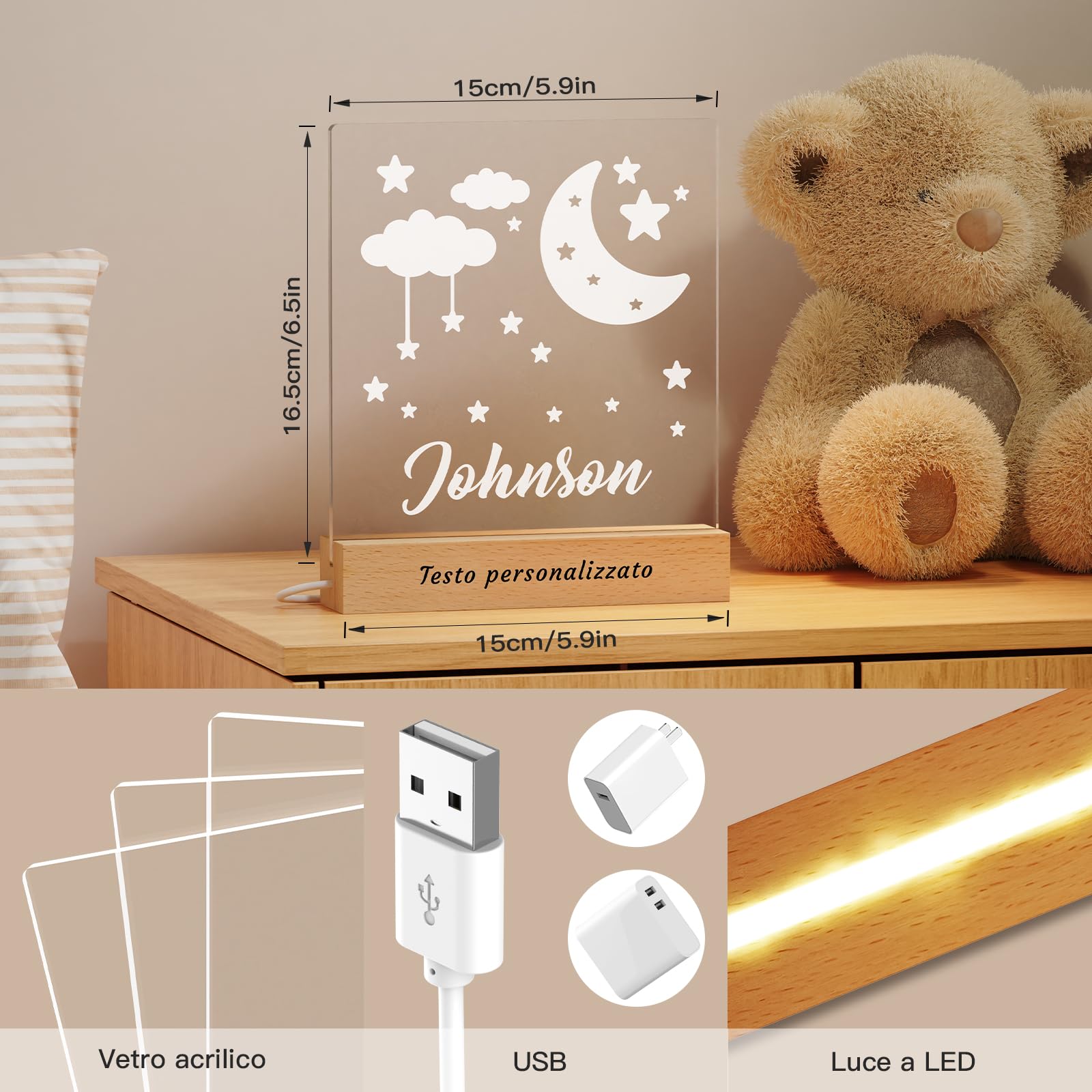 Lampada Notturna Personalizzata WONDEE A Forma Di Razzo | Luce LED In Legno Per Bambini Con Kit Adesivi, Regalo Neonato Battesimo E Nascita (Include Cavo USB-C) - 3