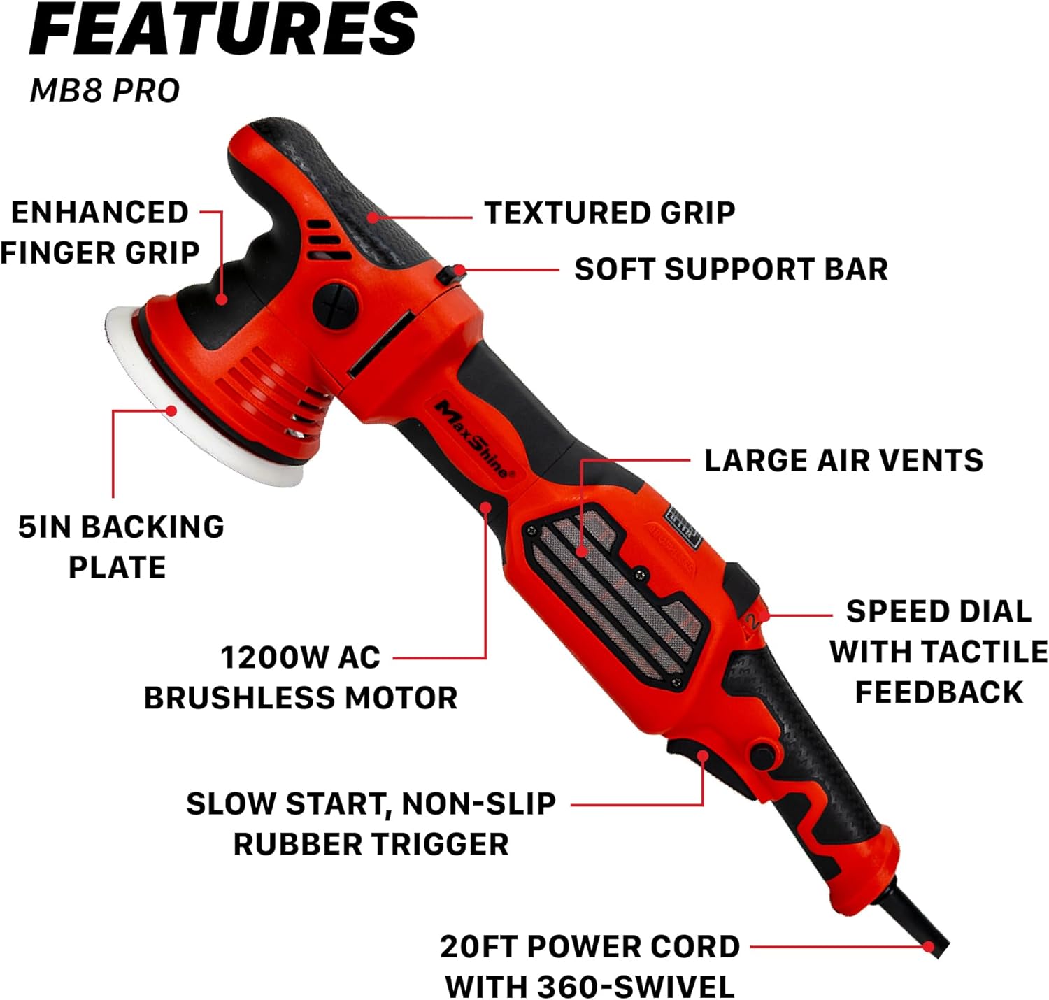 Maxshine MB8 Pro Brushless DA Polisher | 1200W, 8mm Throw, 5” Plate, 6-Speed, 5/16”-24 Thread | Auto, Boat & Marine Detailing Tool for Paint Correction, Swirl & Scratch Removal