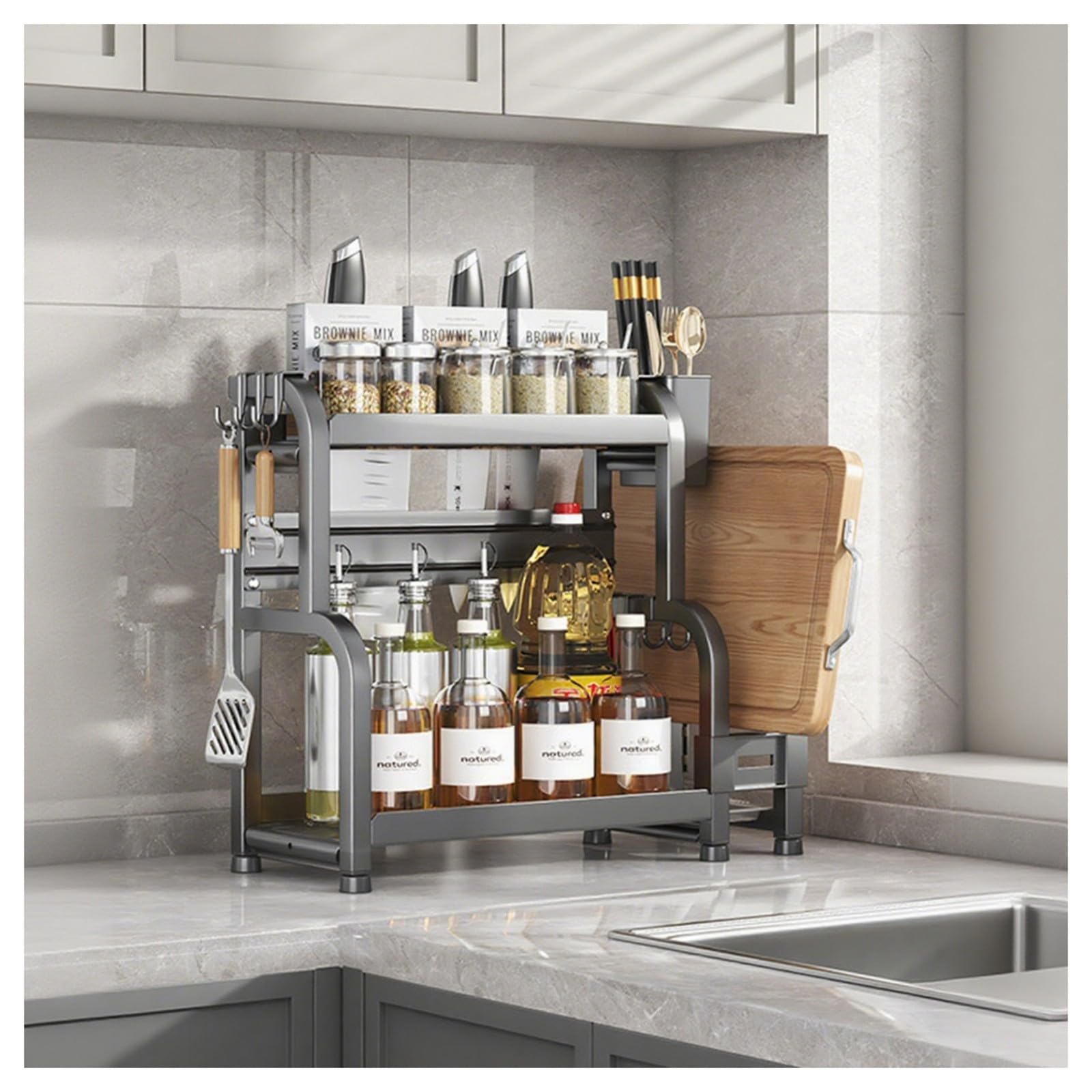 HADECOLL Tall Countertop Spice Rack Organizer, Carbon Steel Construction With Railing Design, For Cabinet Bathroom Pantry,Grey-2 Tier-40cm