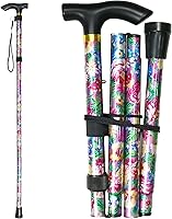 Vista 9 de Bastón plegable, altura ajustable de 5 niveles, ligero, portátil, plegable, bastones para caminar con correa para la muñeca y mango en T