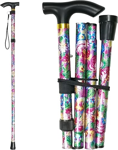 Miniatura 9 de Bastón plegable, altura ajustable de 5 niveles, ligero, portátil, plegable, bastones para caminar con correa para la muñeca y mango en T para
