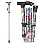 CLOKTA Folding Cane, 5-Level Adjustable Height Lightweight Portable Foldable Walking Canes with Wrist Strap and T Handle for Men Women Seniors (Big Pink Flowers)