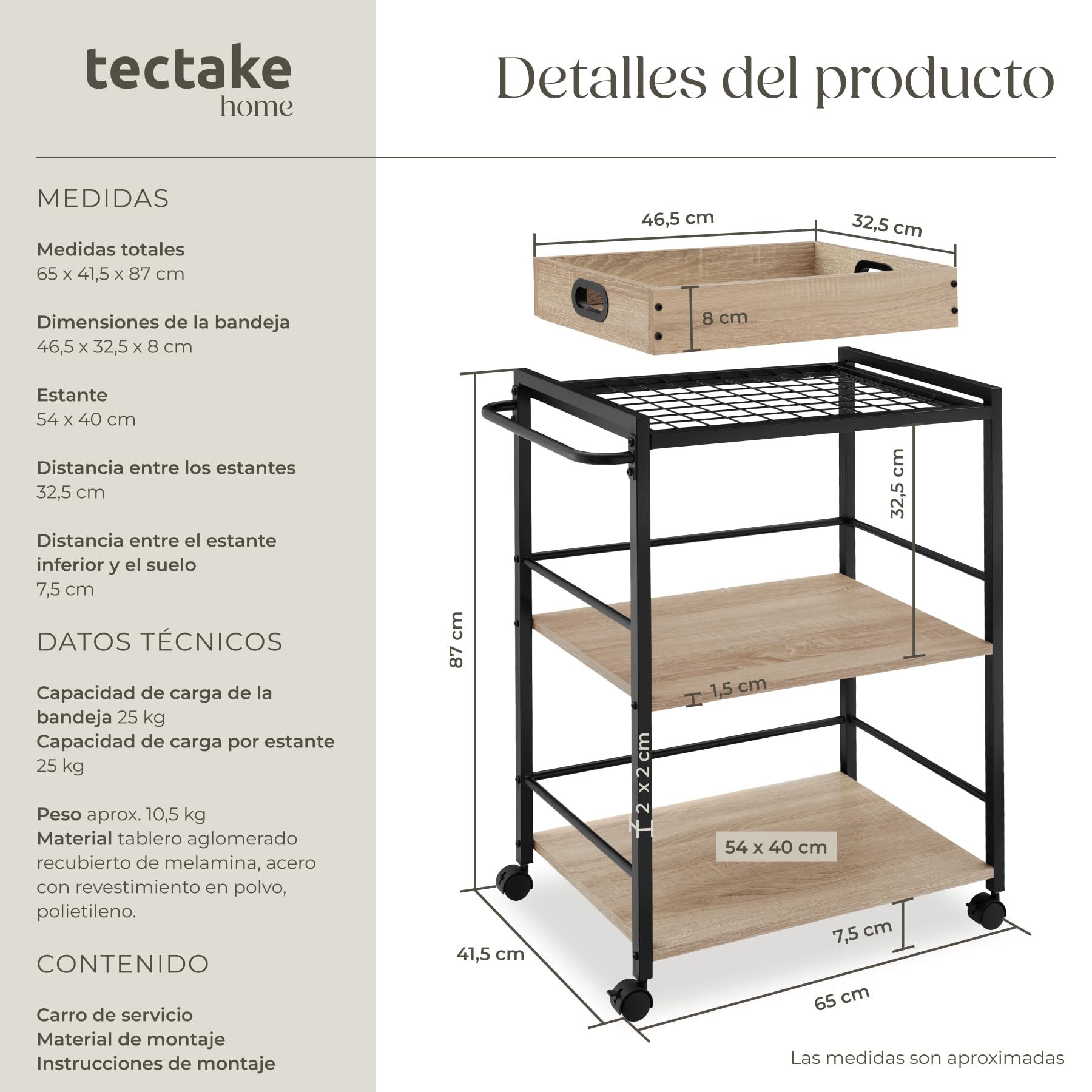 tectake® Carrito de Cocina con 3 Estantes, Almacenaje y Organizador para Baño, Hogar y Cocina, Ruedas Giratorias con Freno - 65 x 41,5 x 87 cm Madera Industrial Clara, Roble Sonoma