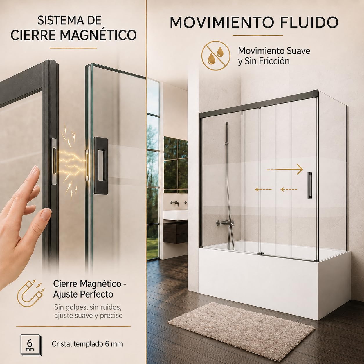 GME - Mampara Ducha Frontal Bañera 145cm 1 Fija + 1 Corredera + 70cm Panel Lateral Fijo Blanco | Mampara de Cristal Reversible y Serigrafiado 6mm con Ancho Adaptable y 150cm de Altura