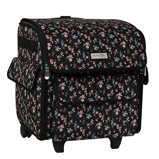 Everything Mary Serger Machine Rolling Storage Case, Black Floral - Carrying Bag for Overlock Machines - for Brother, Singer, & Juki Sergers - Organizer Tote for Sewing Thread & Supplies