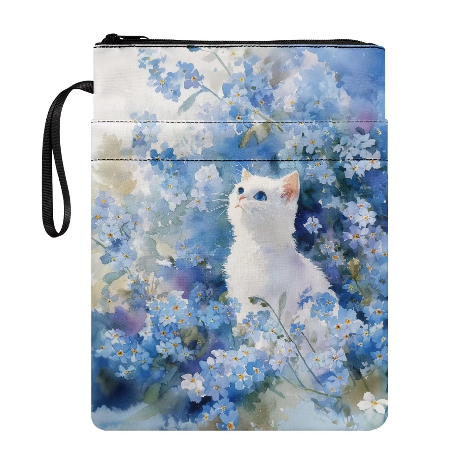 Poceacles Book Sleeve for Hardcover Paperback, Zippered Book Pouch Storage Bag for Adults Teens Girls Boys, 11 x 8.5 Inch, White Cat Flower Blue