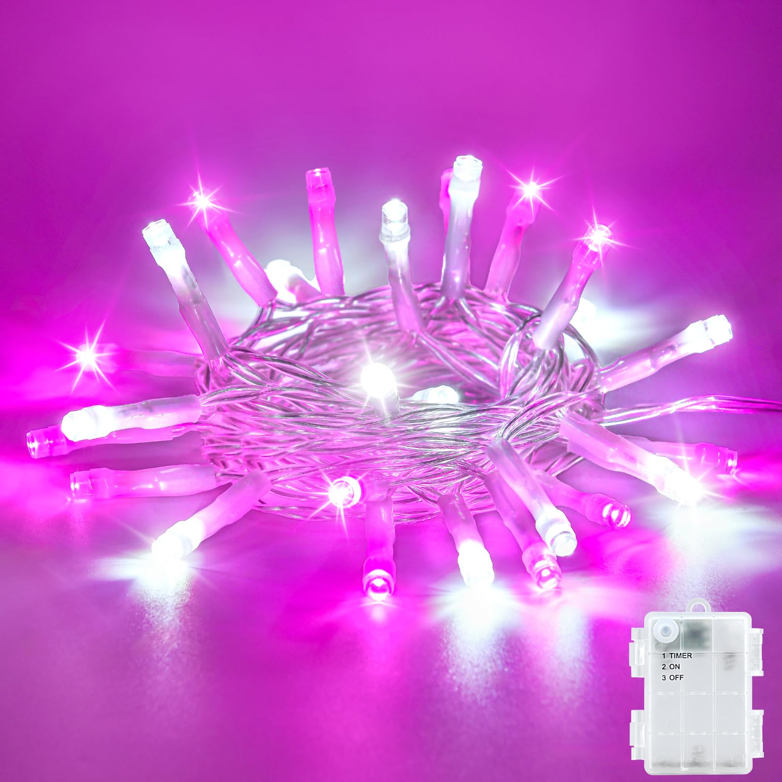 Dalugo Christmas Fairy Lights, 3M 30 LED White Pink Battery Fairy Lights with 6h Timer, IP65 Waterproof White Pink String Lights for Indoor Outdoor Xmas Tree Decorations — image 1