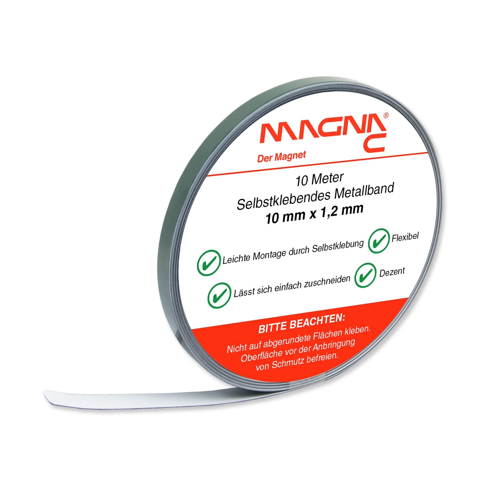 Magna-C® Self-Adhesive Metal Tape, White, Base for Magnets, Flexible and Easy to Cut to Size, 10 m x 10 mm x 1.2 mm