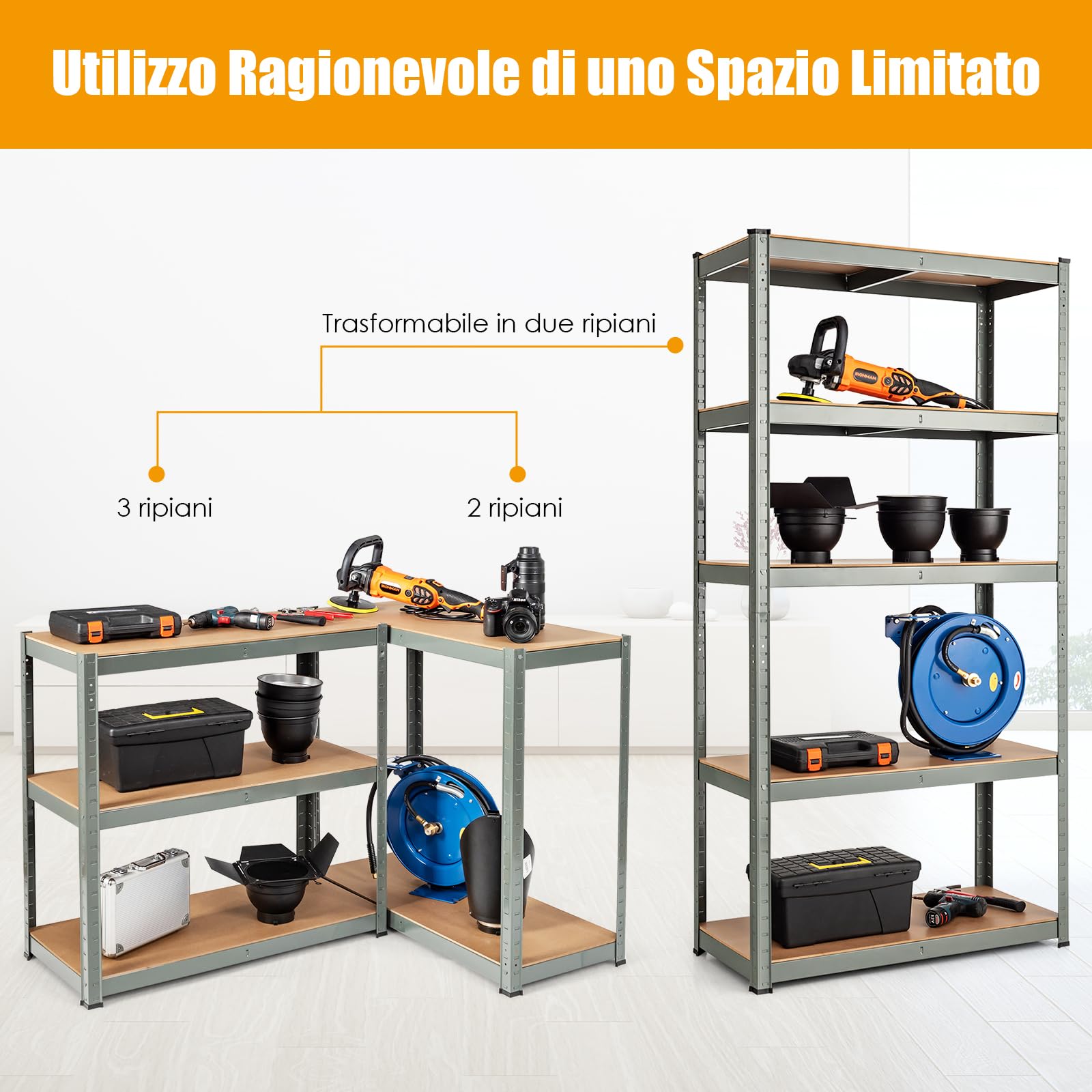 GYMAX Scaffale in Metallo per Garage per Carichi Pesanti 5 Ripiani per Magazzino, Carico 875kg, 90x40x180cm (Grigio)