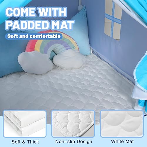 Miniatura 3 de Wilwolfer Tienda de campaña azul para niños con alfombra, luces de estrella, tiendas de campaña para niños pequeños, tienda de campaña para