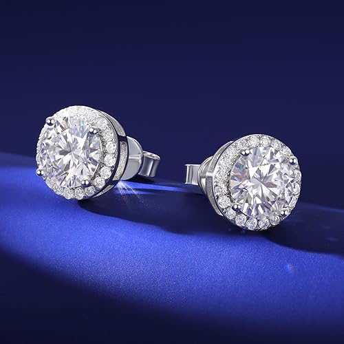 Miniatura 9 de Aretes de halo de moissanita con cierre de tuerca de 0.2-8.0 quilates, 0.118-0.394 in, chapado en oro blanco de 18 quilates, plata de ley 925, de