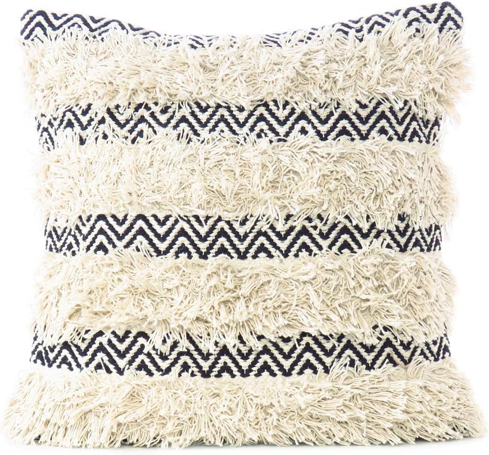 EYES OF INDIA - 20" Cream White Black Woven Tufted Tassel Cushion Pillow Cover Fringe Sofa Couch Throw Bohemian Embroidered COVER ONLY