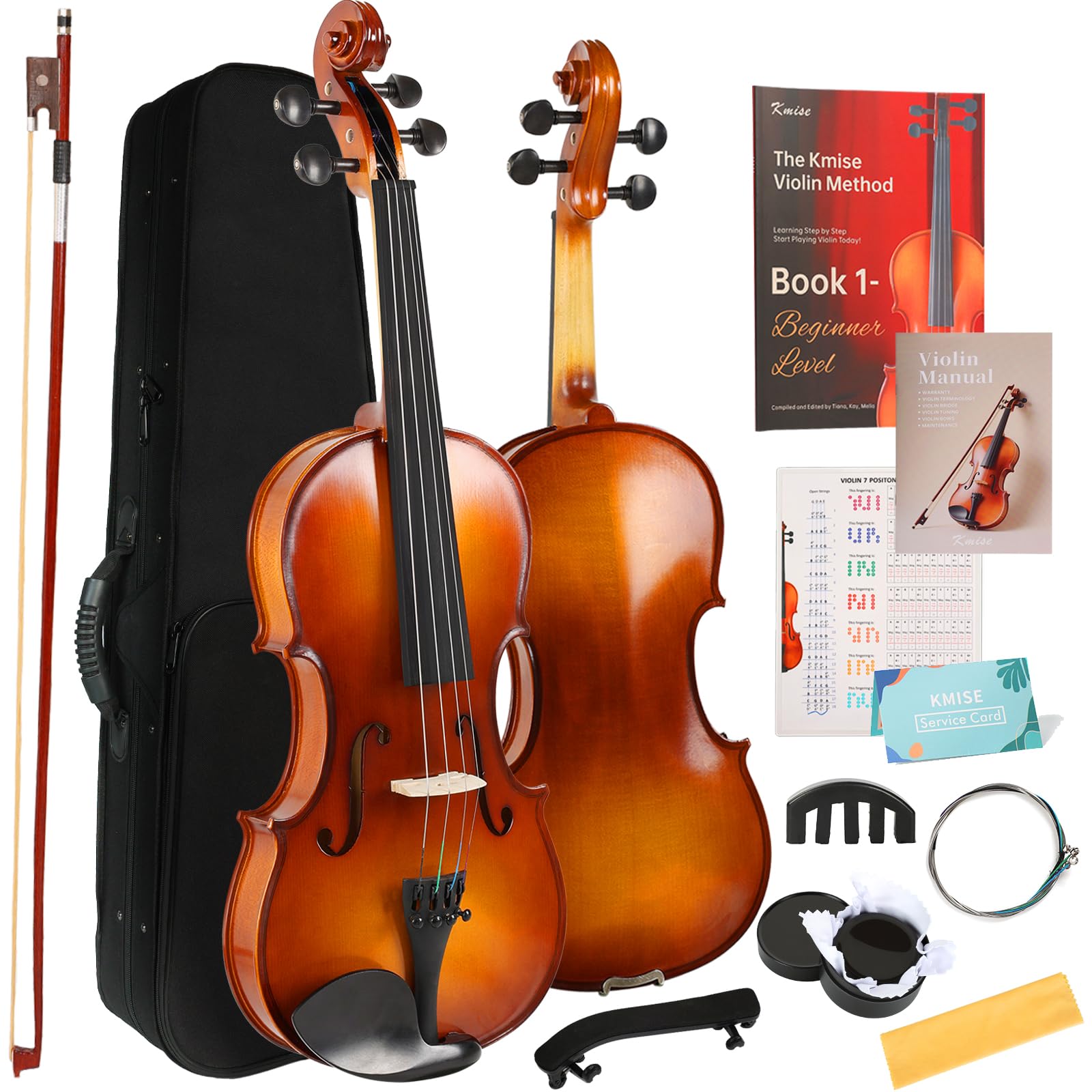 Kmise Teacher Approved 4/4 Full Size Violin Starter Kit for Adults Beginners Students, High Density Ebony Acoustic Violins, Fiddle Bundle with Case, Bow, Rosin, Strings, Shoulder Rest &amp; Guide