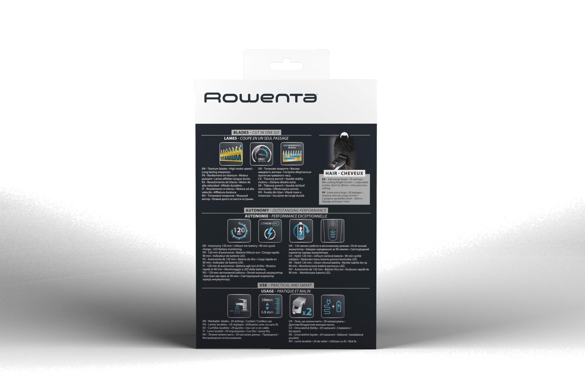 Rowenta TN5201 Advancer, Tagliacapelli, Lame autoaffilanti in acciaio Inox progettate per durare 15 anni, 29 lunghezze di taglio, 120 minuti di autonomia, Design compatto, Nero/Grigio
