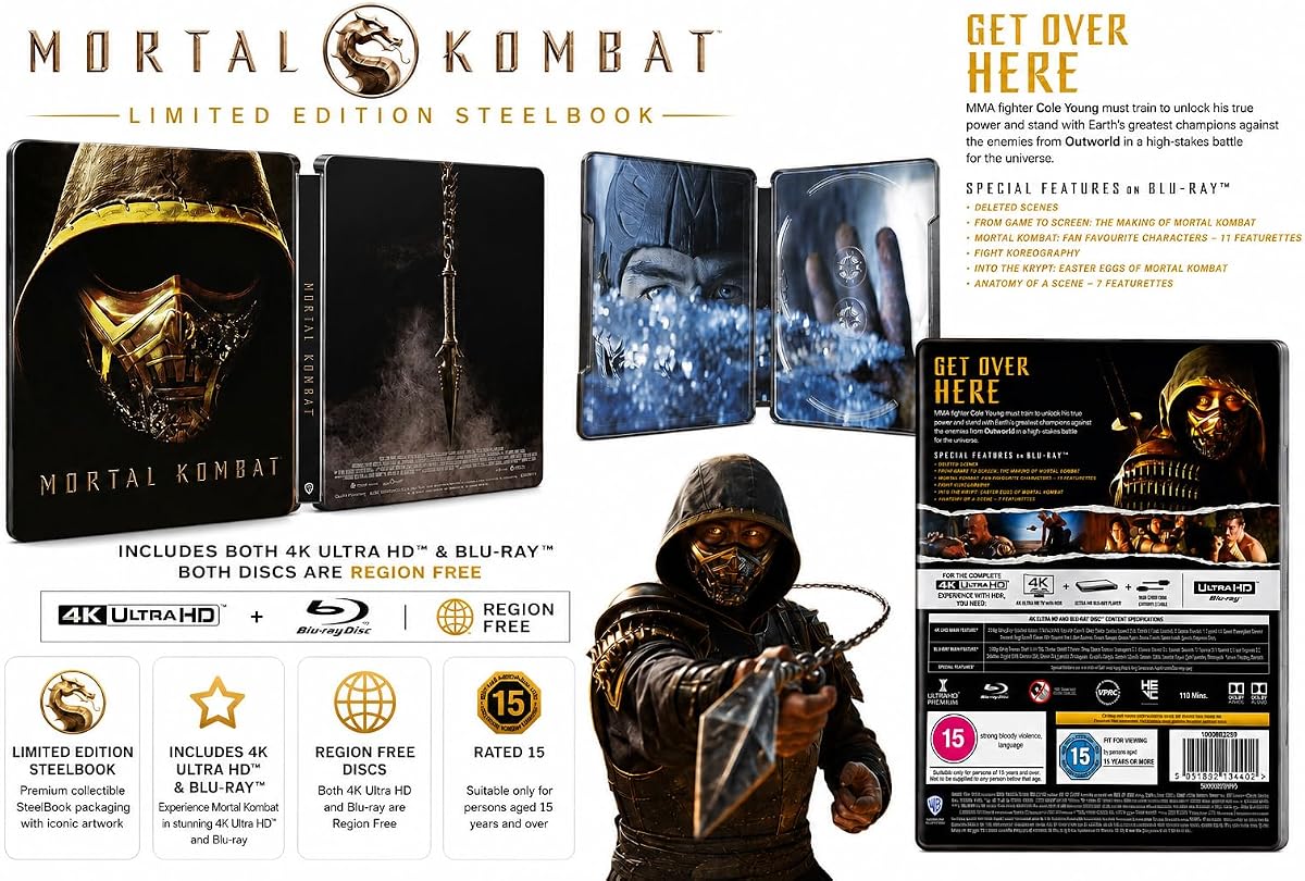 Mortal Kombat (2021) Limited Edition SteelBook 4K + Blu-ray Region Free | Region Free, Collector's Edition, Bonus Features, Limited Edition SteelBook