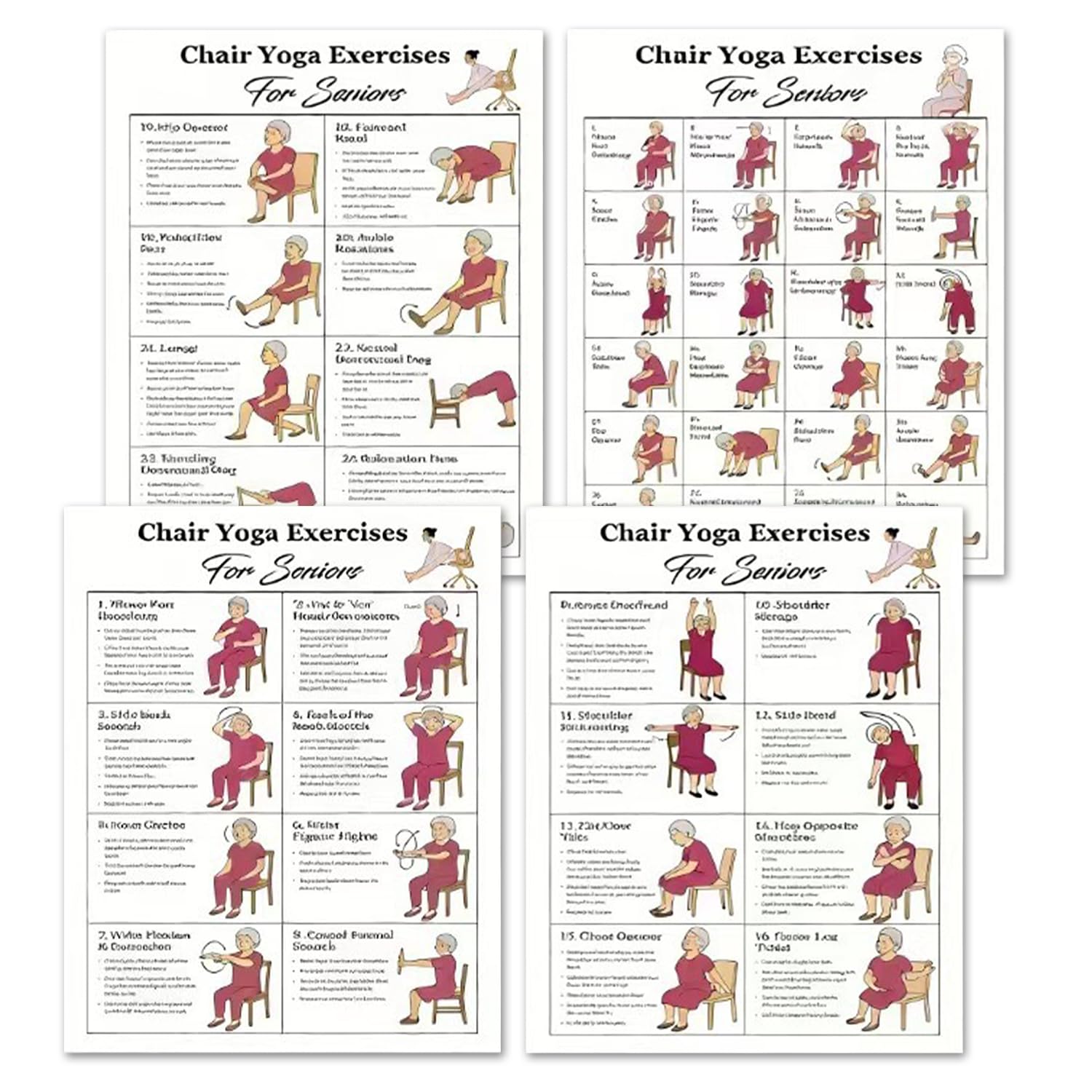 4 PCS Elderly Yoga Poses Poster, Chair Yoga Exercise Posters, Weight Loss Chart, Comfortable Seated Workout Guide Wall Charts, Easy to Follow Senior Fitness Poses for Home Use, Gift for Older Adults