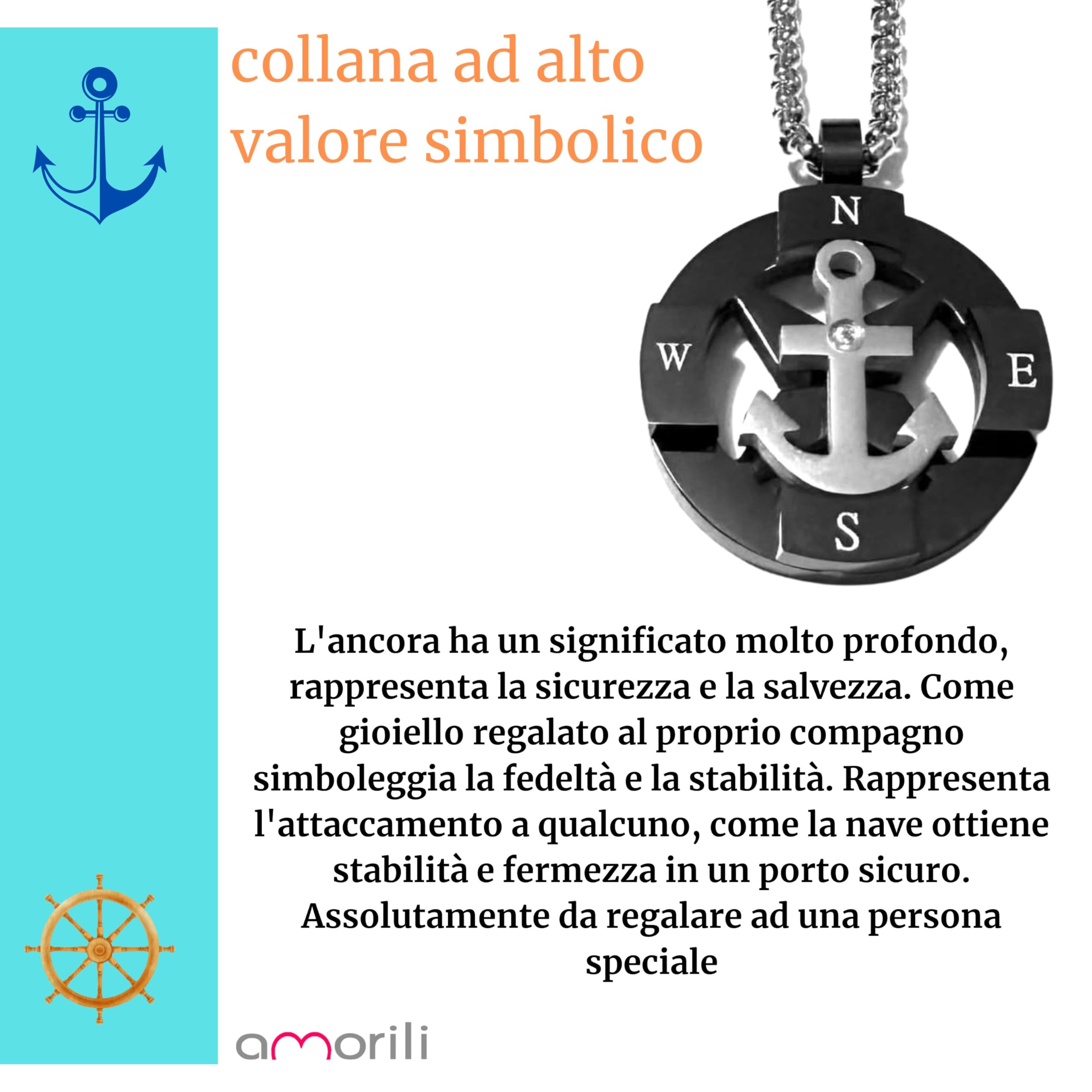 Collana Ancora Uomo in Acciaio Inox Vari Colori con Punti Cardinali – Simbolo Nautico Mare Estate Vela – Idea Regalo Uomo