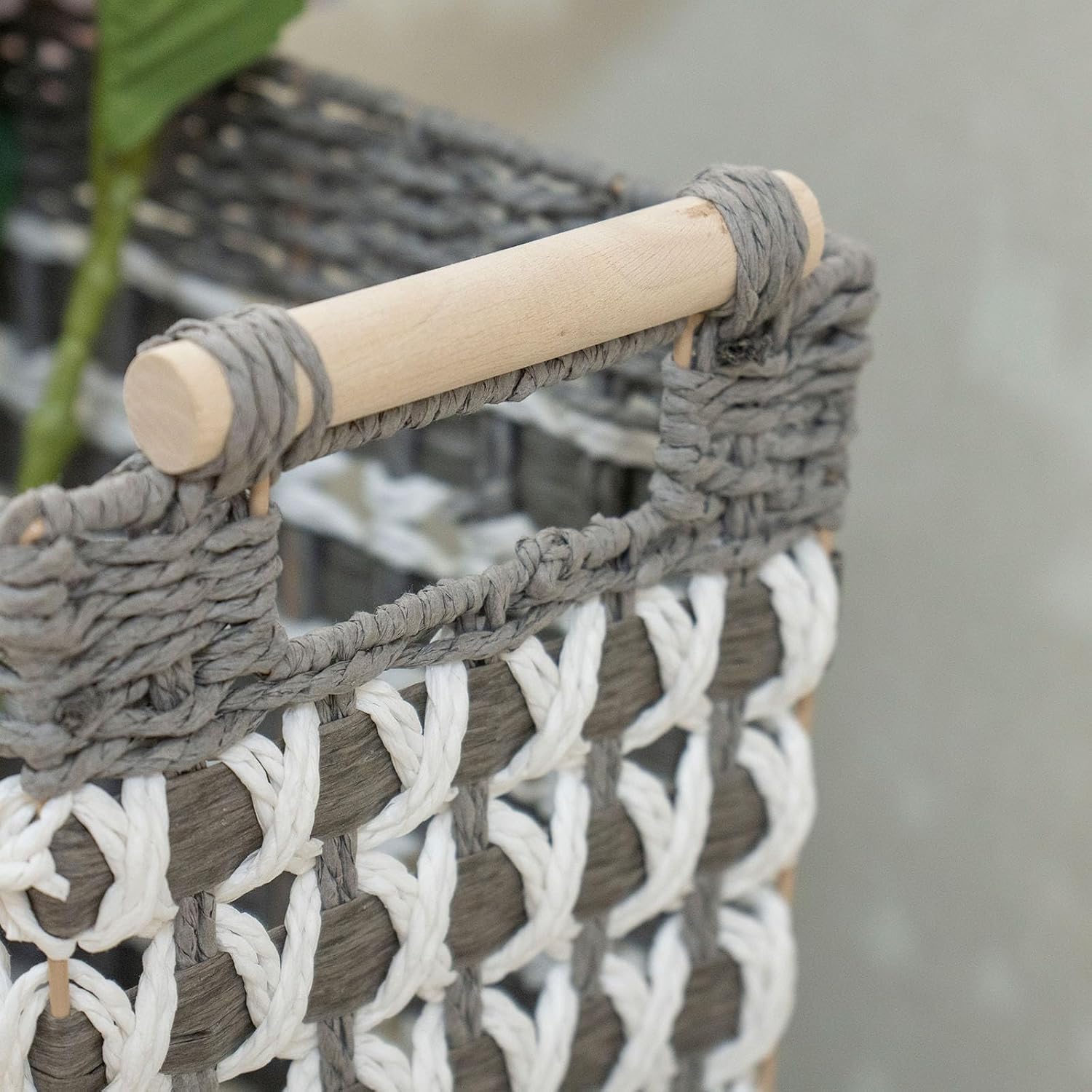 Large Paper-Cord Woven Storage Basket, Reinforced Iron Frame Organizer with Wooden Handle for Living Room, Bedroom & Balcony Storage(Grey+White)
