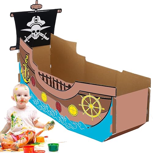 Miniatura 4 de Eaasty Colorear barco pirata de cartón, barco de cartón, casa de juegos para niños, manualidades, casa de juegos al aire libre, juguete para niños y