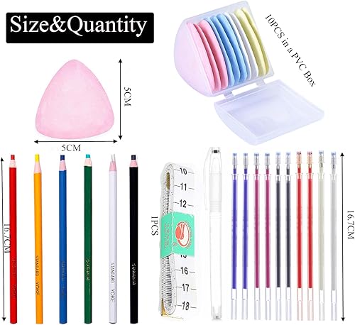 Miniatura 2 de Kit de herramientas de costura, 20 piezas de tiza de tela lavable, 6 lápices de tela de coser, 10 marcadores de tela borrables con calor para