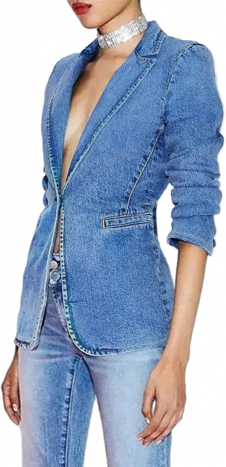 Women's Denim Jacket Classic Stretch Long Sleeved Coat Slim Fit Deep V-Neck Jean Jacket with Pockets