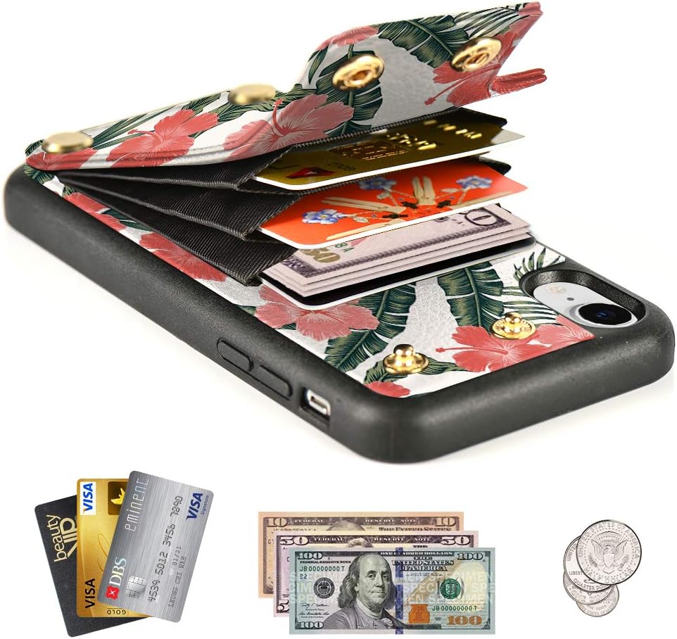 LAMEEKU Wallet Case for iPhone XR 6.1'', Rainforest Design Pattern Case with Credit Card Holder Slot Money Pocket, Shockproof Protective Bumper Cover for iPhone XR - Rainforest Pink Flower