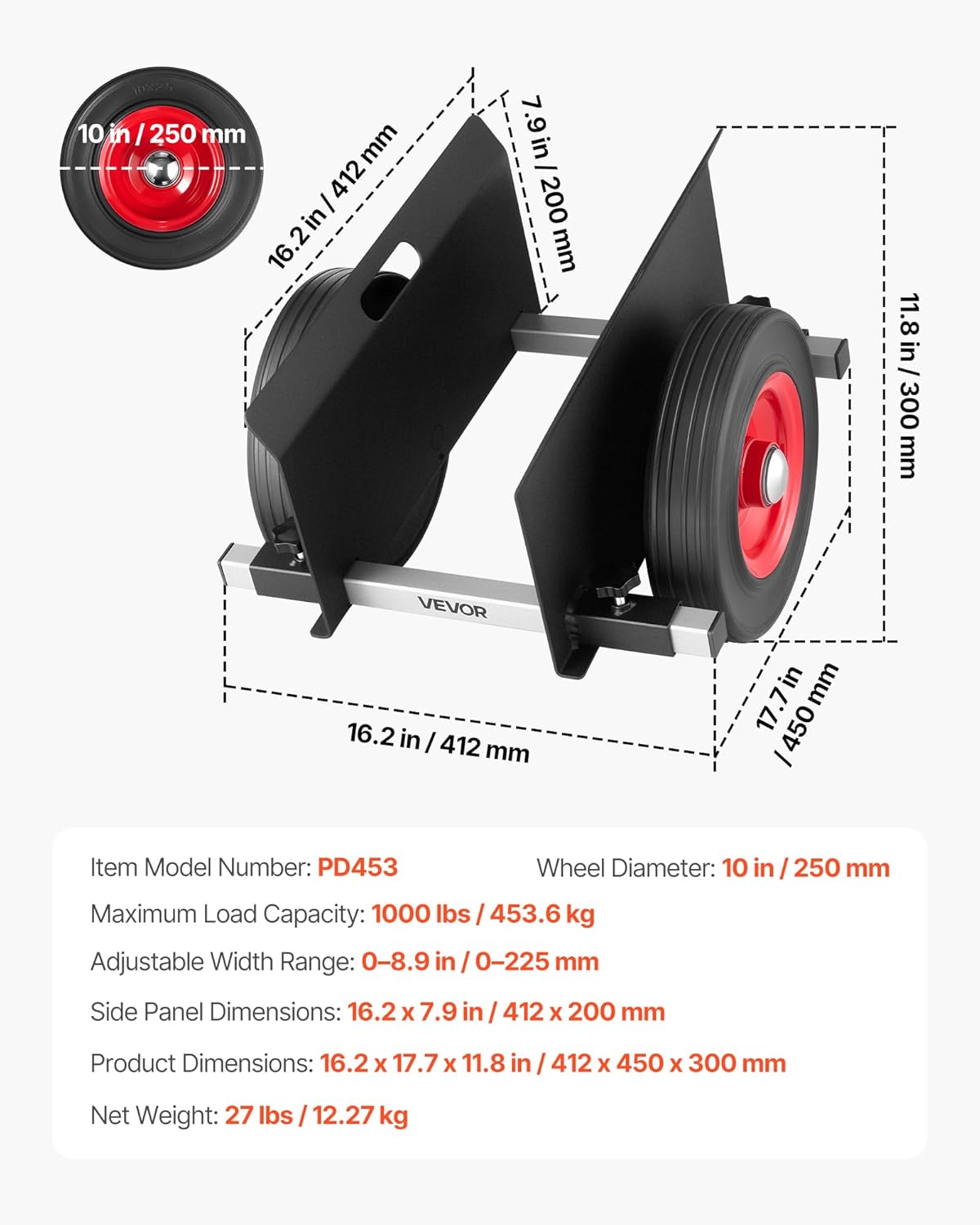 VEVOR Panel Dolly, 1000 LBS Load Capacity, Drywall Mover with 10 Inch Rubber Wheels Fits Different Terrain, Adjustable Clamp Panel Cart for Steel Panels, Mattress, Doors and Drywall Sheet, Black
