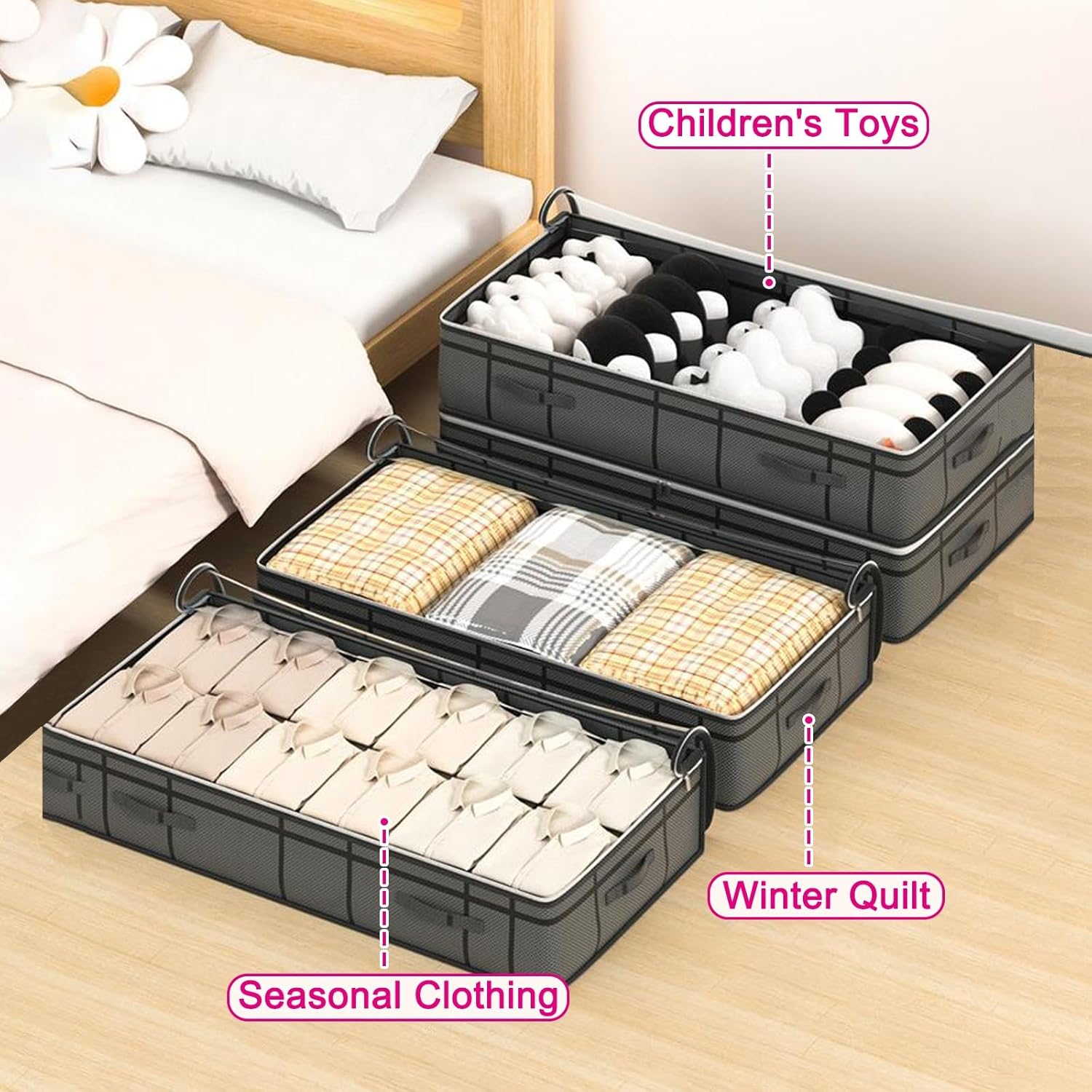 2 Pack Under Bed Storage, Foldable Under the Bed Storage Containers, Transparent Window, Double Zippers, Ideal for Seasonal Clothes, Blankets, Toys(Black,50x40x15cm/20x16x6in)