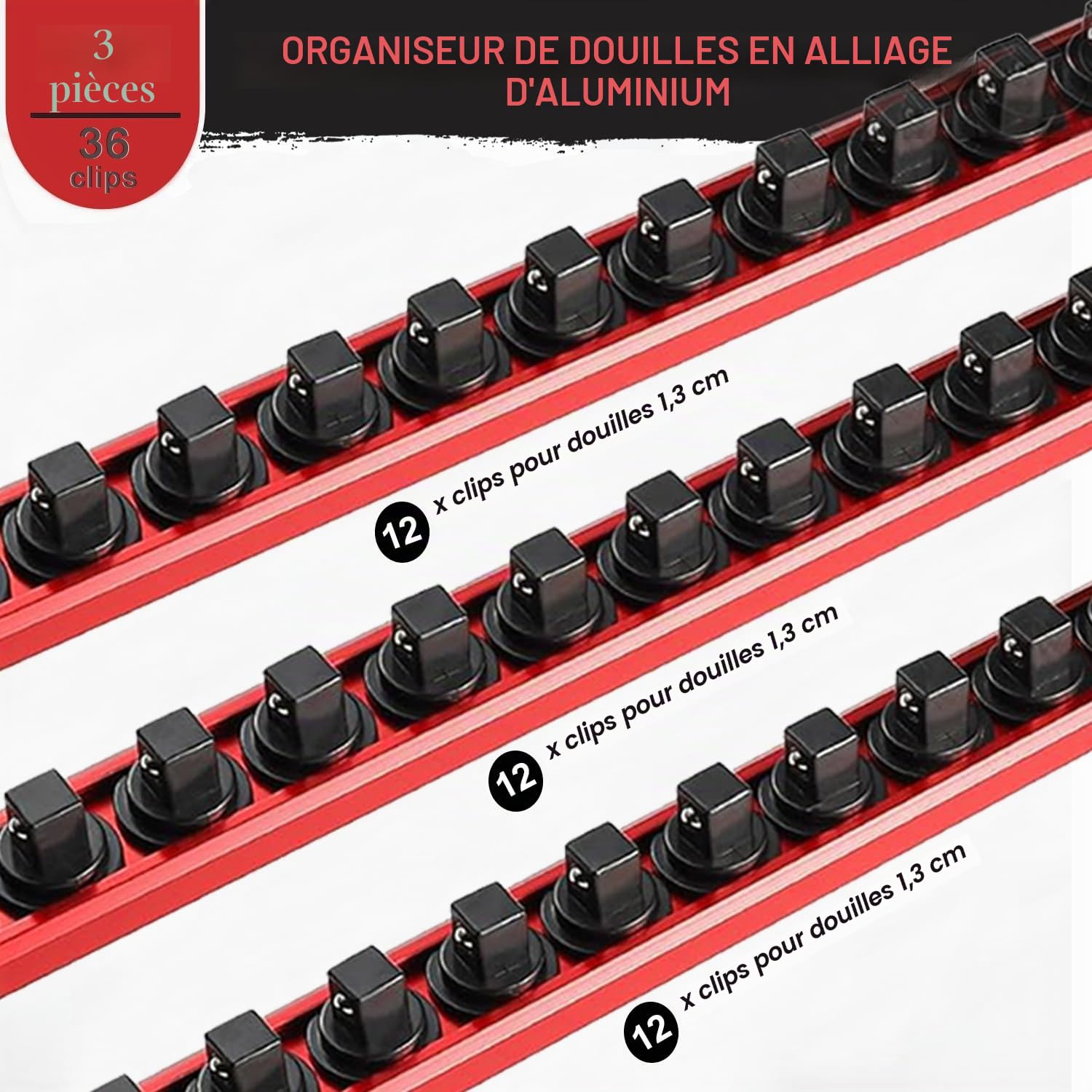 ACEBON Rail Porte-Douilles Magnétique 1/2" Lot de 3, Organisateur de Douilles en Aluminium Rouge avec 36 Clips Noirs, Support de Douilles pour Servante d’Atelier, Garage et Panneau Mural