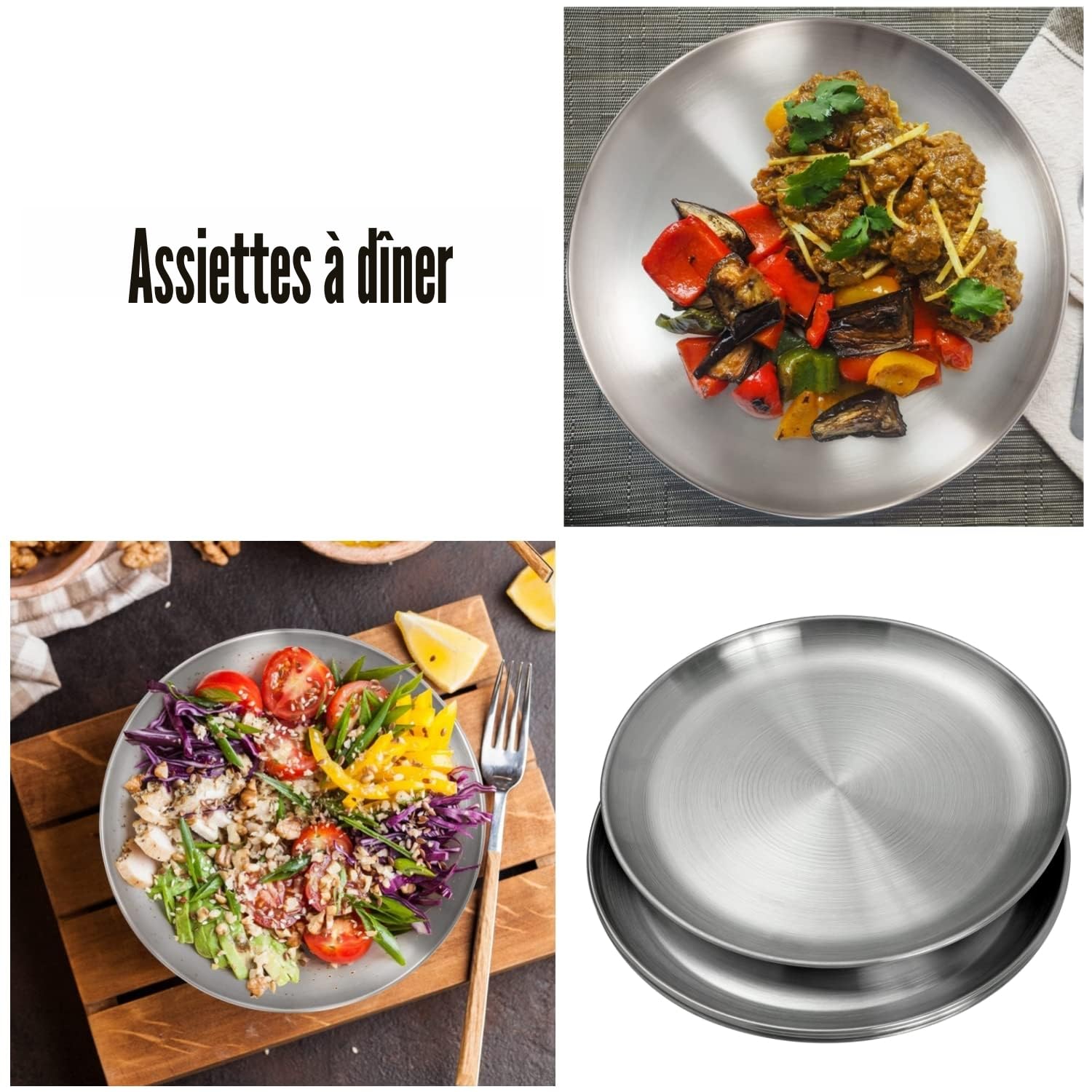 Lot de 10 assiettes en acier inoxydable légères et incassables, non toxiques, passent au lave-vaisselle, sans BPA et saines