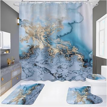 4 Pcs Shower Curtain Set with Non-Slip Rug Toilet Lid Cover and Bath Mat, Aesthetic Abstract Colorful Shower Curtain with 12 Hooks, Waterproof and Washable Decor Accessories23,W90xL180cm
