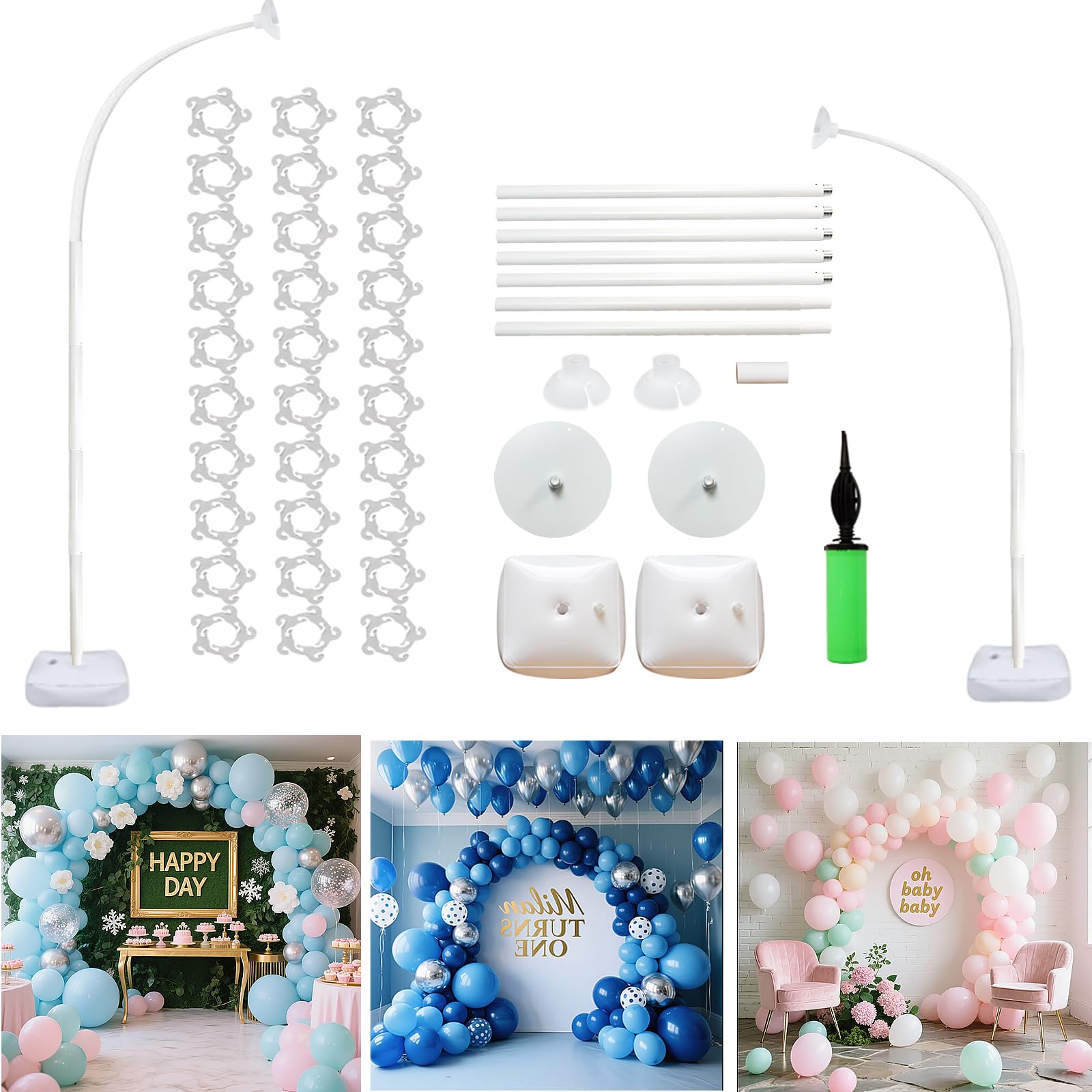 Photo 1 of Balloon Arch Kit Stand with Base, 9Ft & 5.6Ft High Free Bending Half Arch Stand for Baby Shower Yard Decorations Wedding Birthday Party (No Balloons)