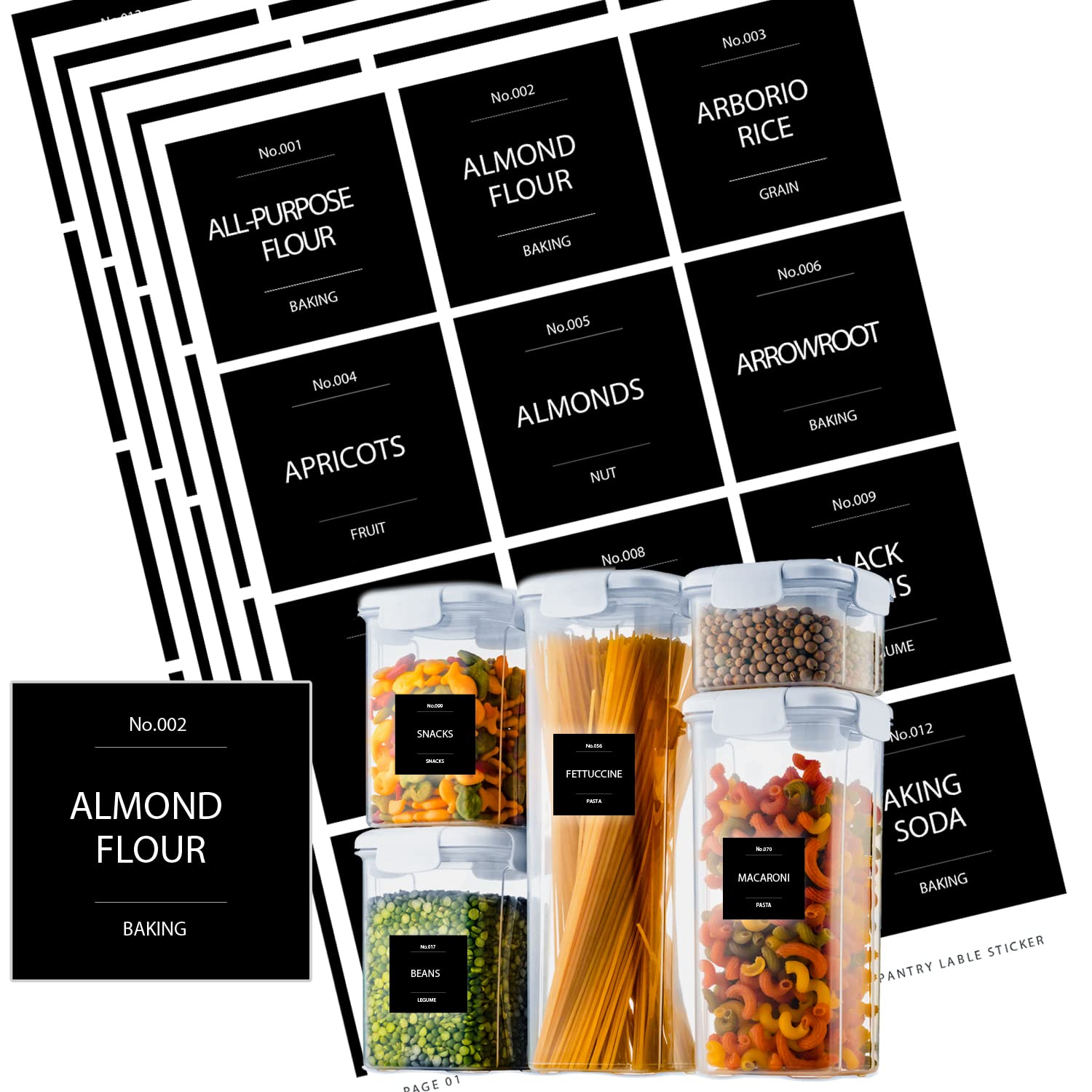 144 Pantry Labels, Prefdo Minimalist Waterproof Preprinted Food Name Stickers + Numbers for Kitchen Organization Storage Containers, Jars & Canisters (Black)