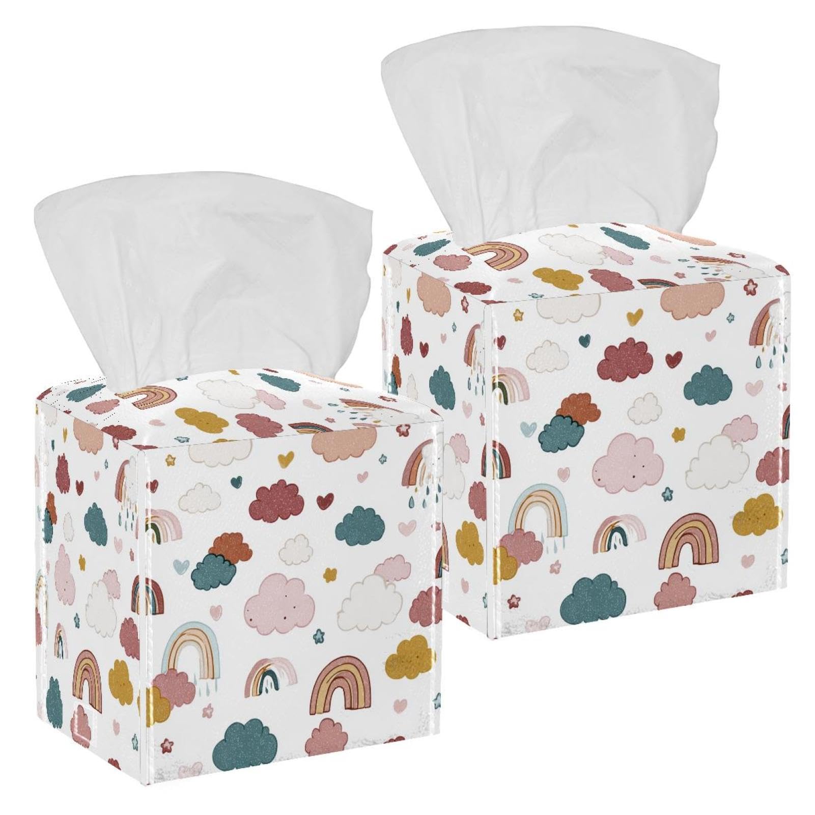 Rainbows and Clouds Tissue Box Cover, 2 Pack PU Leather Square Facial Tissue Dispenser Box holder for Home Office Car