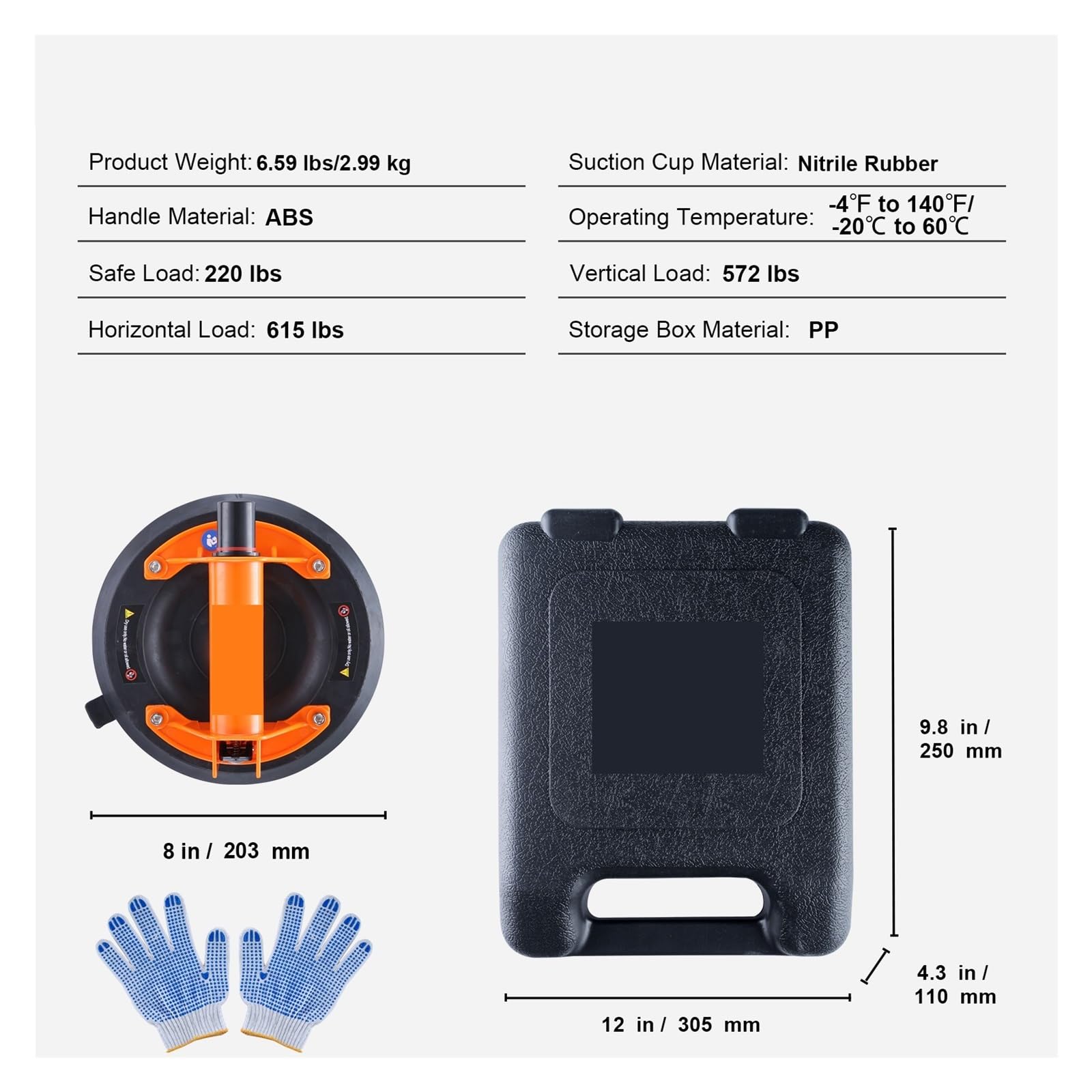 Ventosa de vacío, Ventosa de vacío for Vidrio 8"/10" con asa y Caja Transporte. Herramienta Industrial for Levantar Paneles Madera, baldosas, Granito Metal(2pcs 8in Plastic)