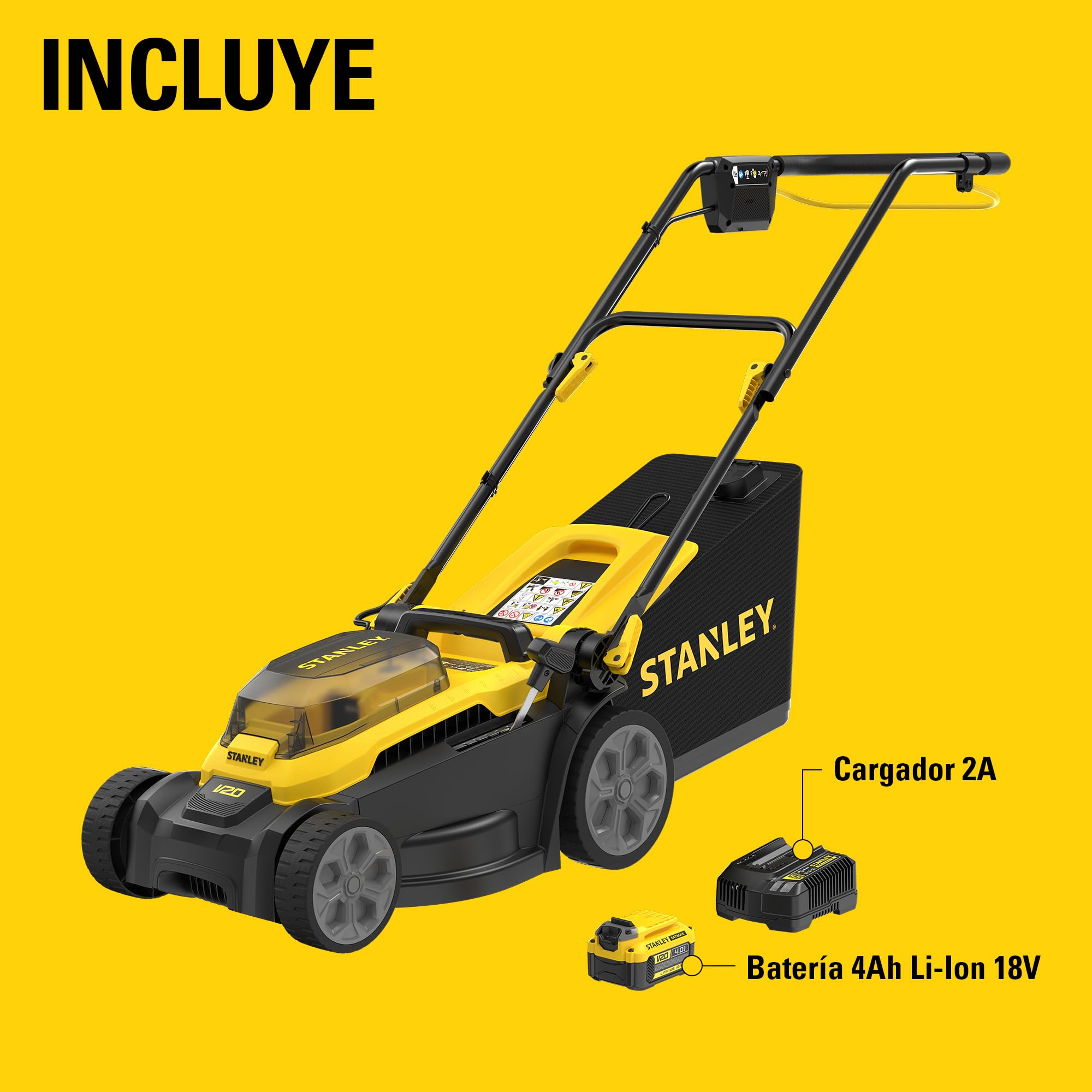 STANLEY V20 Cortacésped sin escobillas de 34 cm, incluye batería de iones de litio de 4 Ah y cargador de 2 A, 18 V, SCMWP3401M1-QW
