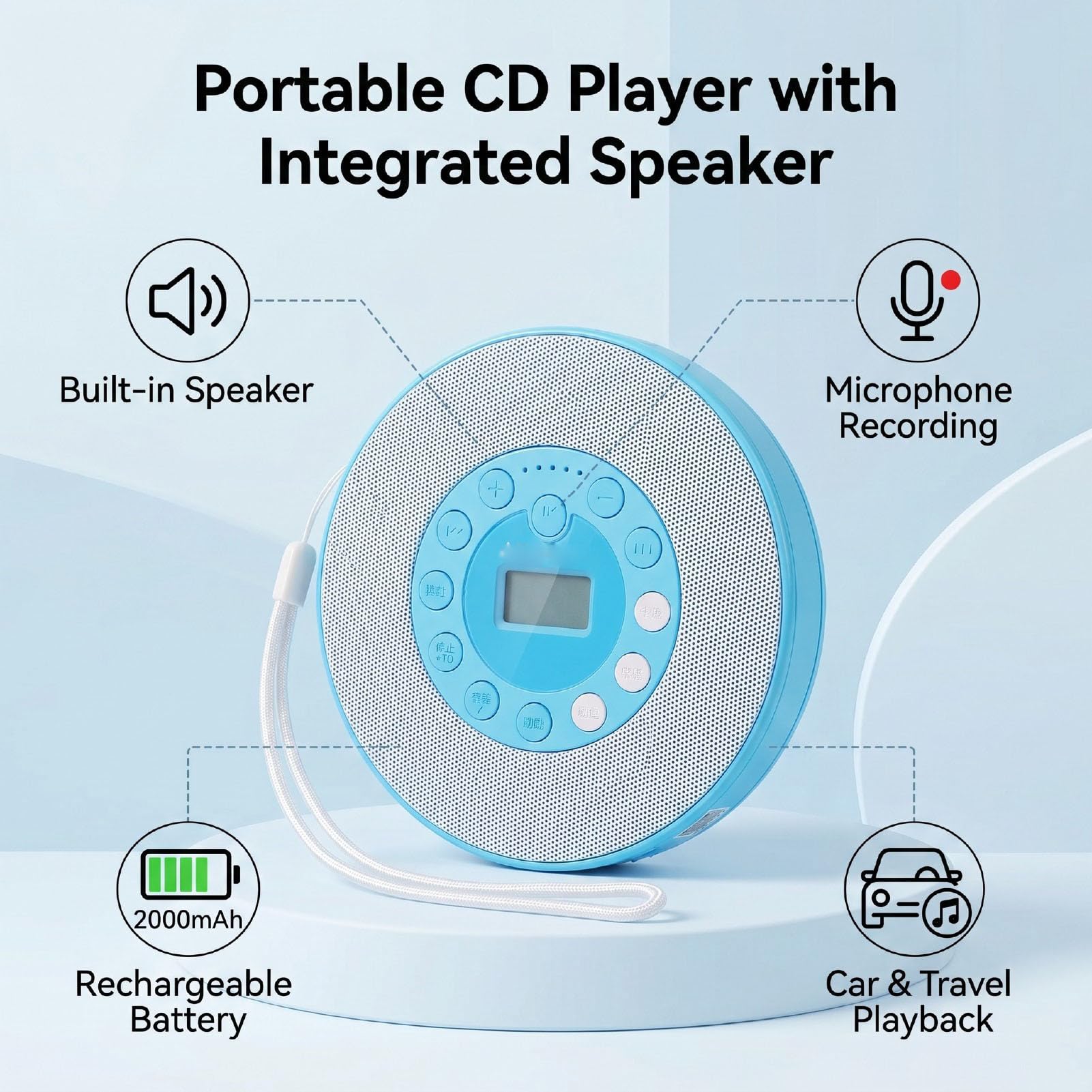 SENECESLI Lecteur CD Portable avec Haut-Parleur, pour Voiture, Maison, Voyage, Enregistrement sur clé USB, Micro intégré, Lecteur de Musique CD Rechargeable 2000mAh (Blue)