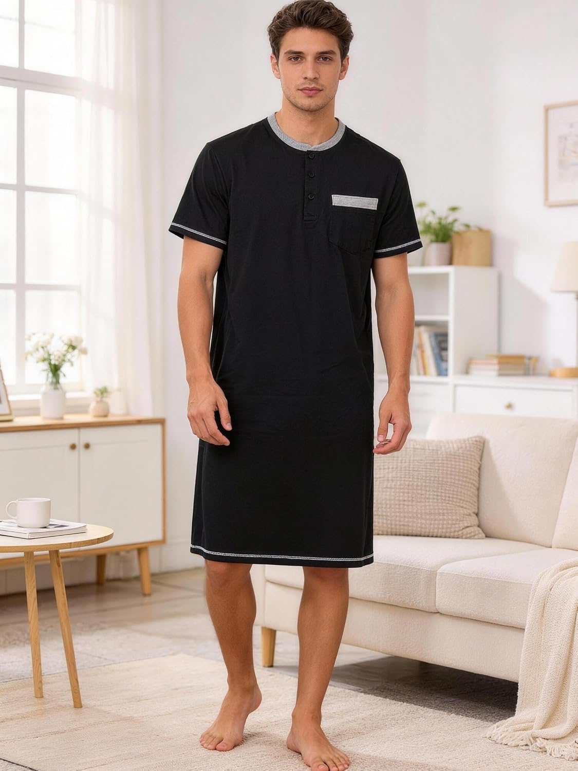 Men's Soft Stretch Henley Nightshirt Short Sleeve Sleep Shirt with Pocket Lightweight Loungewear Nightgown
