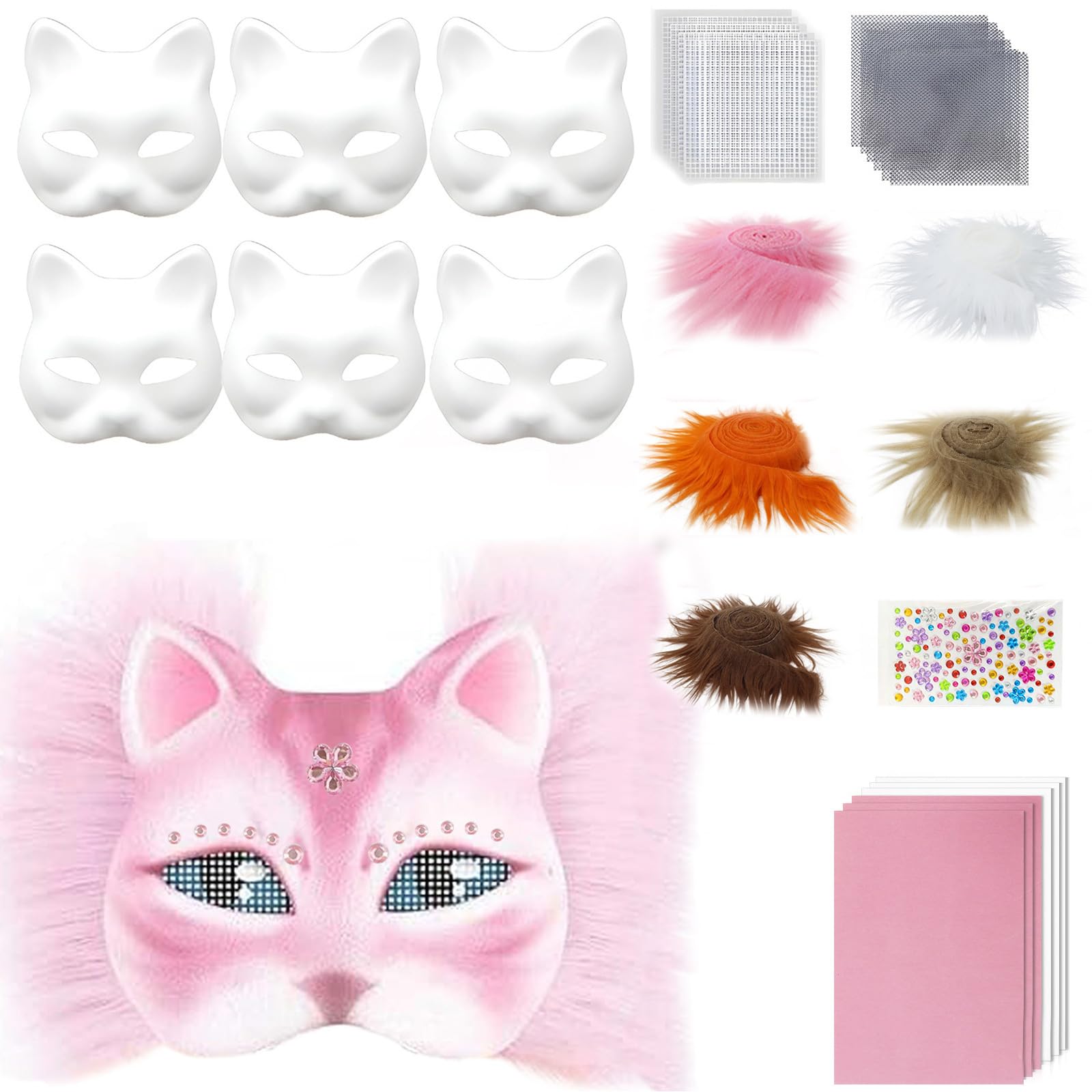 6 máscaras de gato de papel con ribete peludo para pintar tú mismo 5