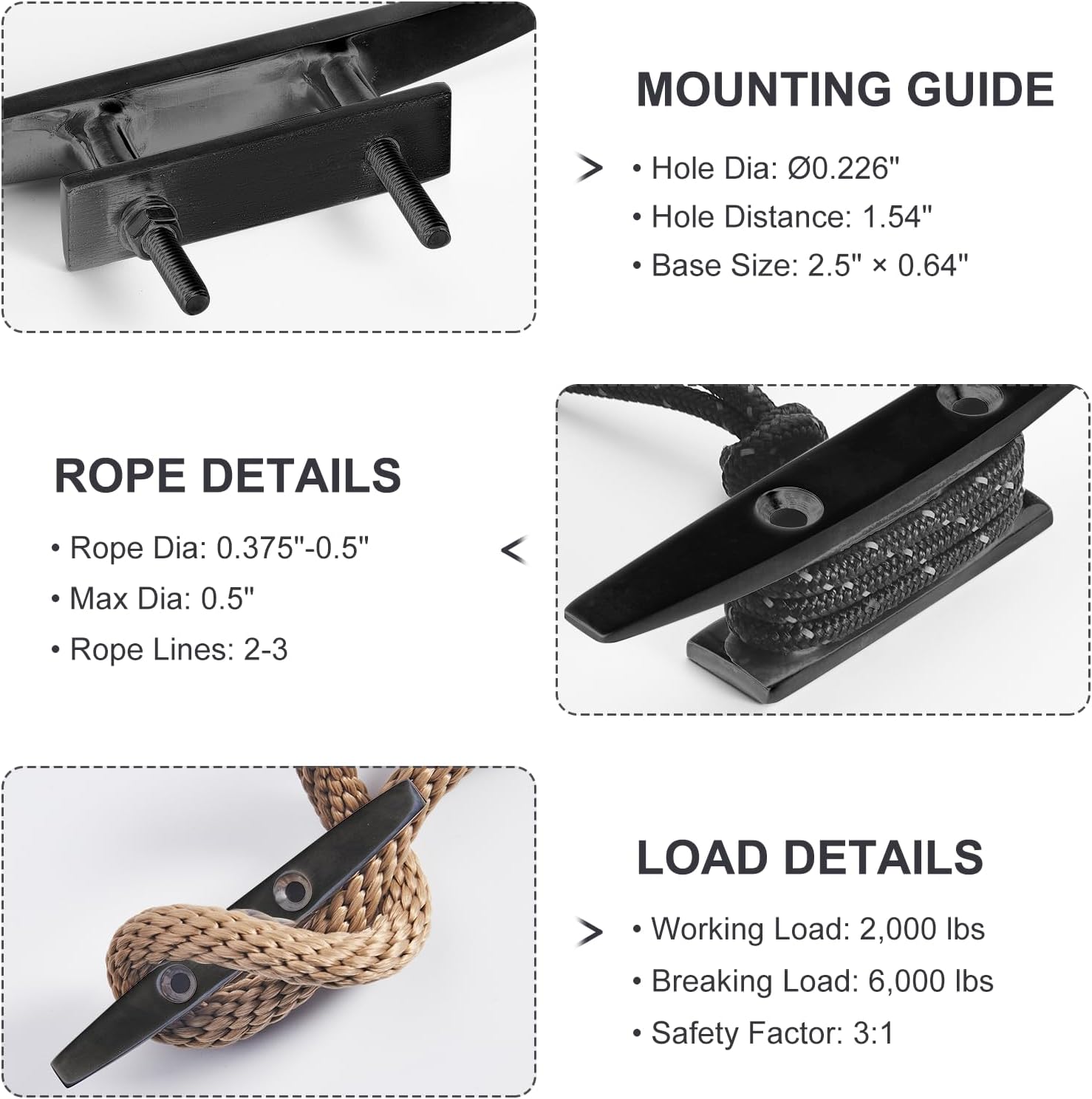 Boat Dock Cleat, Black 316 Marine Grade Stainless Steel Open Base Cleats with Hardware, Heavy Duty Mooring Accessories for Yacht Kayak Jetski (2-Pack)