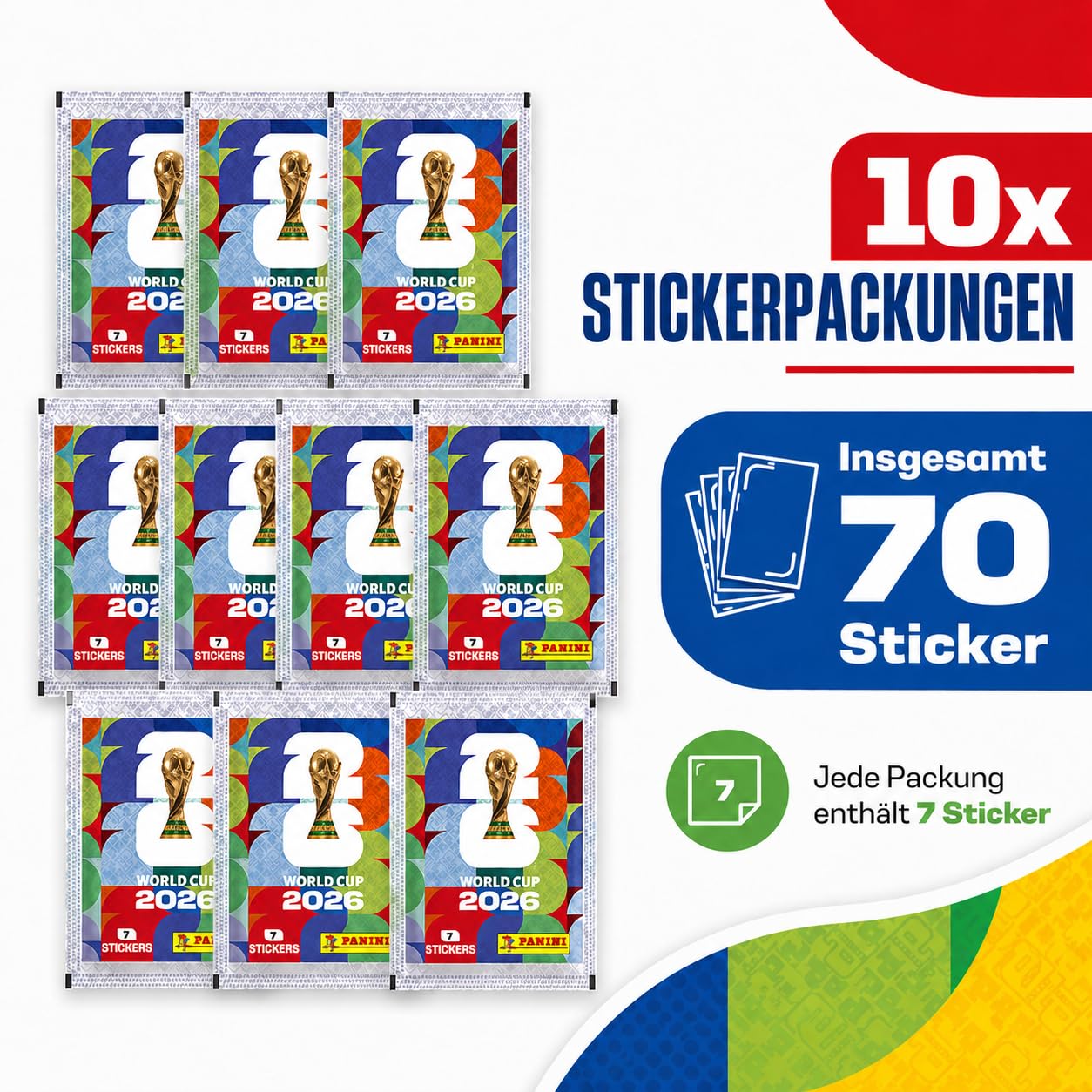 World Cup 2026 Sammelsticker Set – 10 WM 2026 Stickertüten mit je 7 Stickern – 70 Sticker zum Sammeln, Tauschen & Einkleben