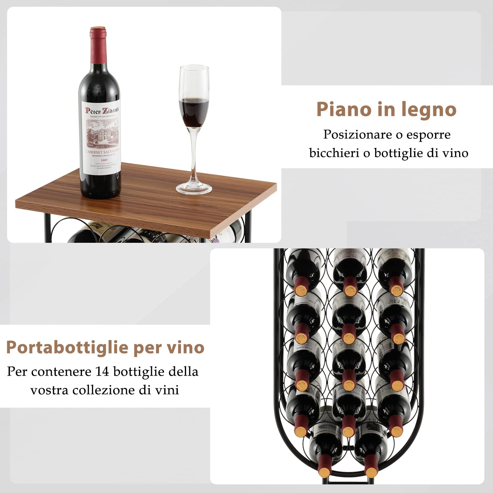 COSTWAY Portabottiglie per Vino con Ruote Staccabili e Bloccabili, Cantinetta Vino Stile Rustico per 14 Bottiglie, con Piano in Legno e Struttura in Metallo, Mobile Bar per Soggiorno e Cucina