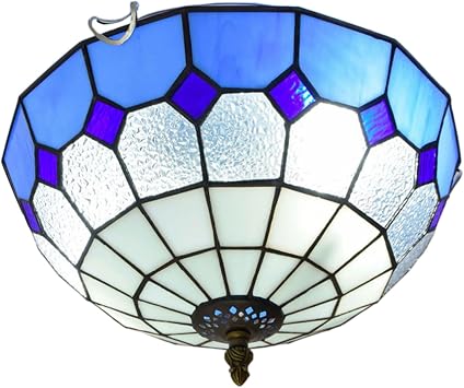 12" Tiffany Style Ceiling Lamp Handmade Stained Glass Ceiling Lights,2 Lights Flush Mount Ceiling Light Fixture for Bedroom Bathroom Hallway Study Entrance Balcony Warehouse,Blue B